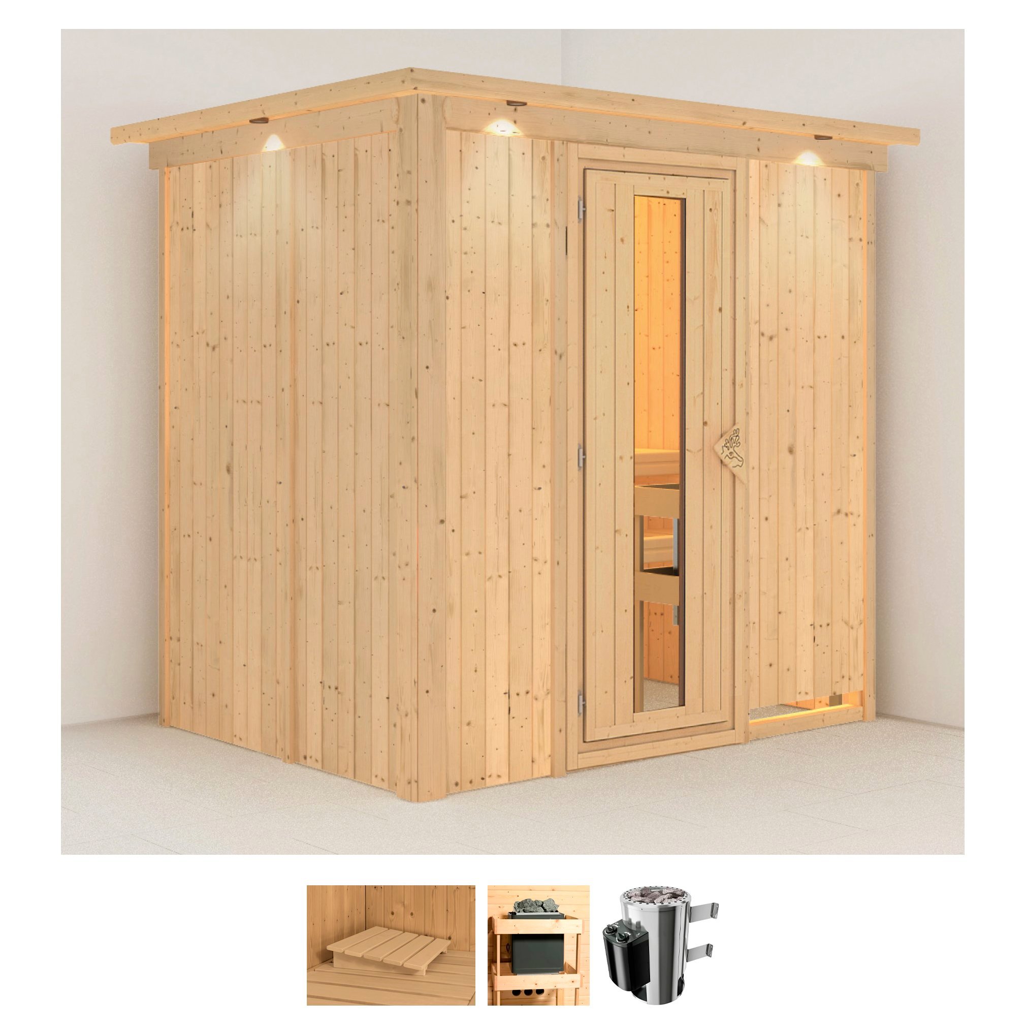 Sauna KARIBU "Finja", beige (naturbelassen), Saunaofen, integrierte Steuerung, 3,6, Saunen, 3,6-kW-Plug & Play Ofen mit integrierter Steuerung Image