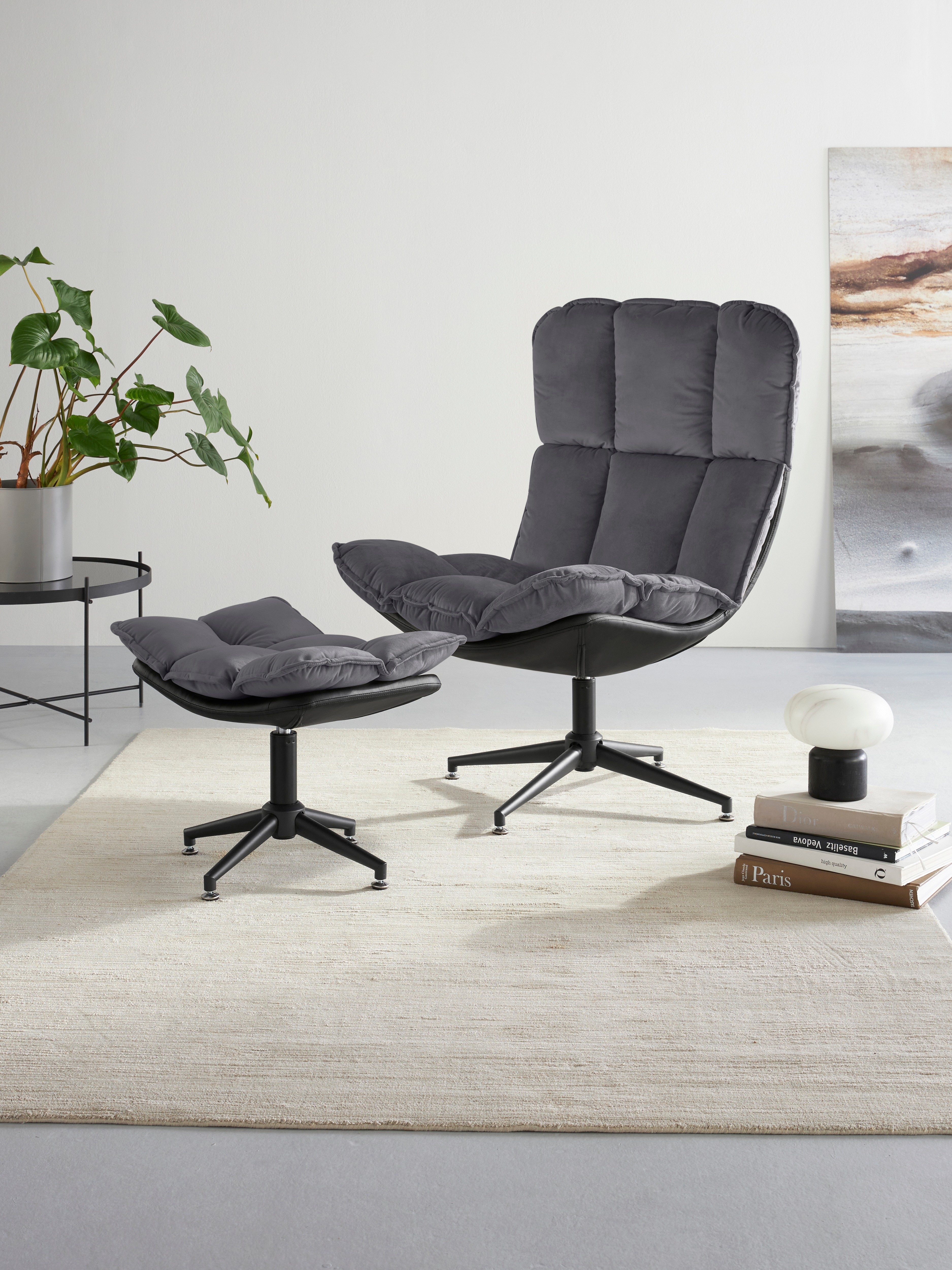 Drehsessel "Seet, Polstersessel mit Hocker", grau (anthrazit), B:80cm H:106cm T:82cm, 100% Polyester, GUIDO MARIA KRETSCHMER HOME & LIVING, Sessel, 360 drehbar, Relaxsessel inkl. Hocker