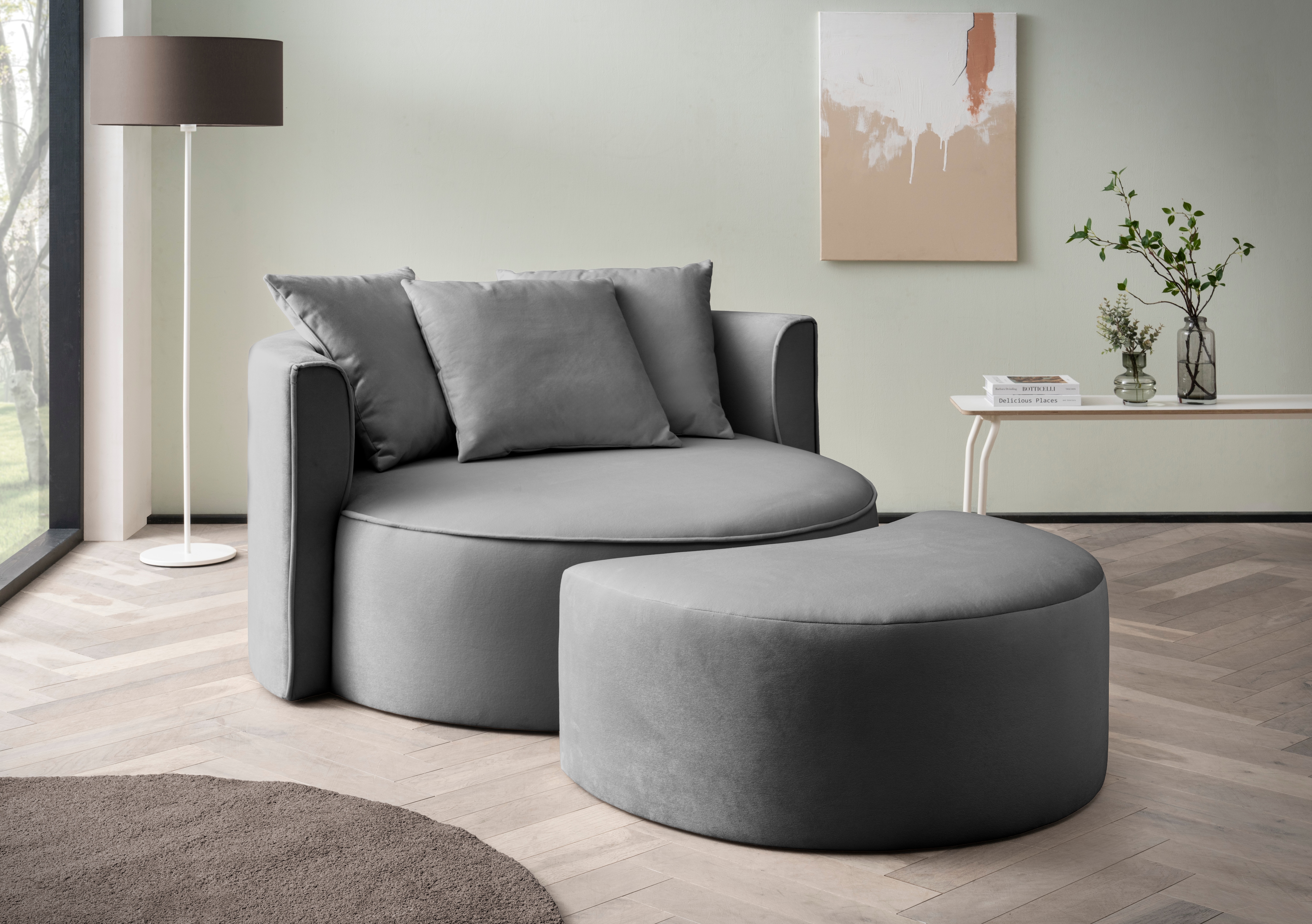 XXL-Sessel "ISALIE, Rundsessel mit Hocker, Lesesessel, Loveseat, Big-Sessel", grau, B:153cm H:98cm T:208cm, LEGER HOME BY LENA GERCKE, Sessel, XXL-Sessel, trendige Stoffe, 3 Zierkissen, große Sitzfläche, Cord, Samt, Bouclé