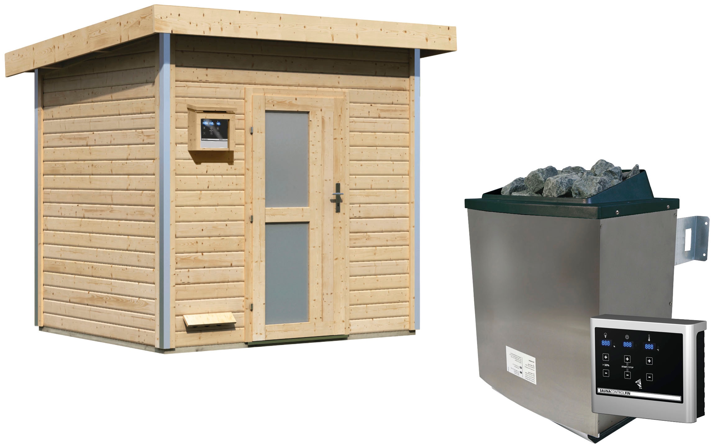 Saunahaus KARIBU "Ralf", beige (naturbelassen), Saunaofen, externe Steuerung, 9 kW, Saunen, Milchglastür, Ofen 9 KW externe Strg easy Image