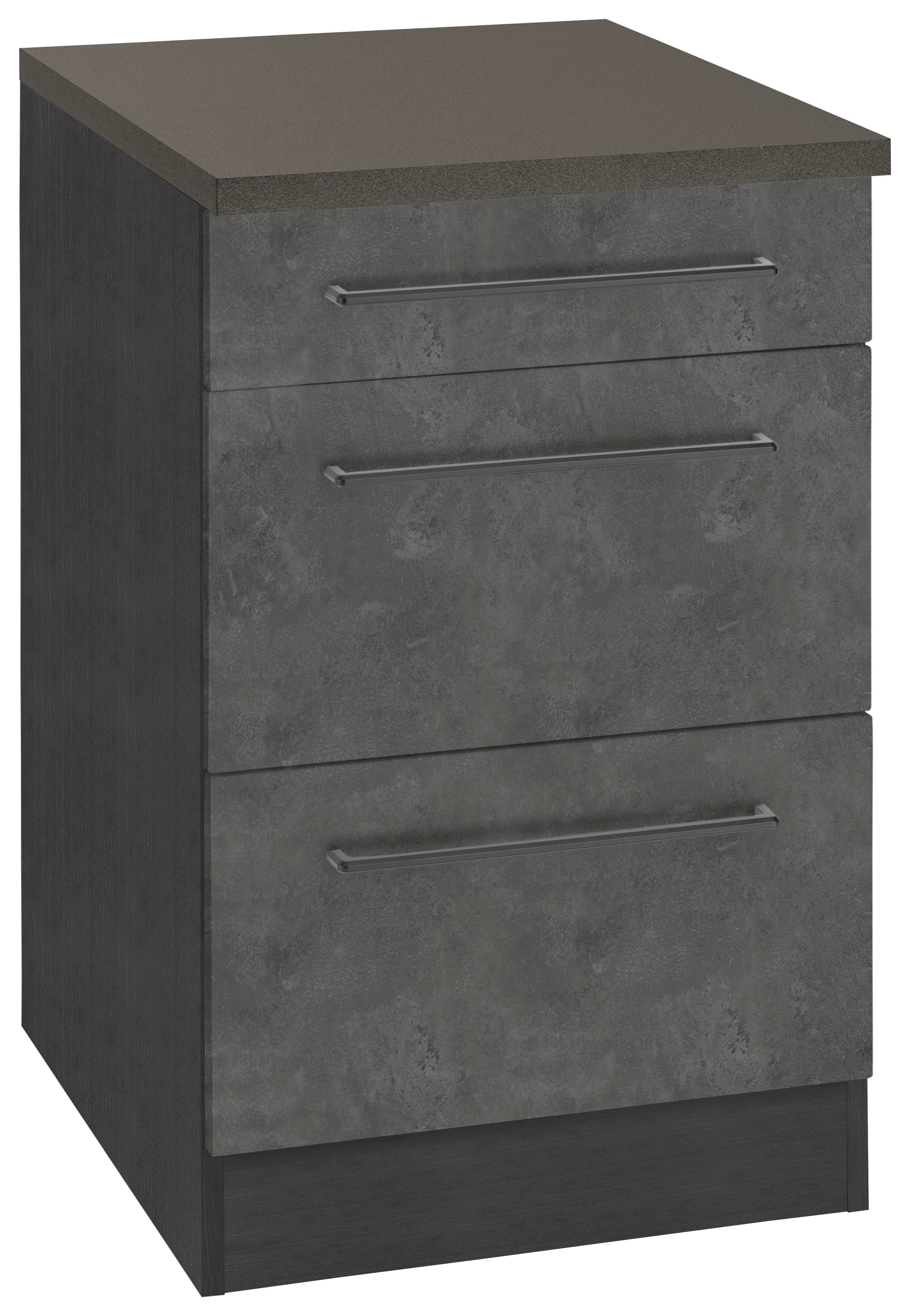 Unterschrank KOCHSTATION "KS-Tulsa", grau (betonfarben dunkel), B:50 H:85 T:60, Schränke, 50 cm breit, 1 Schubkasten, 2 große Auszüge, Metallgriff, MDF Front Image