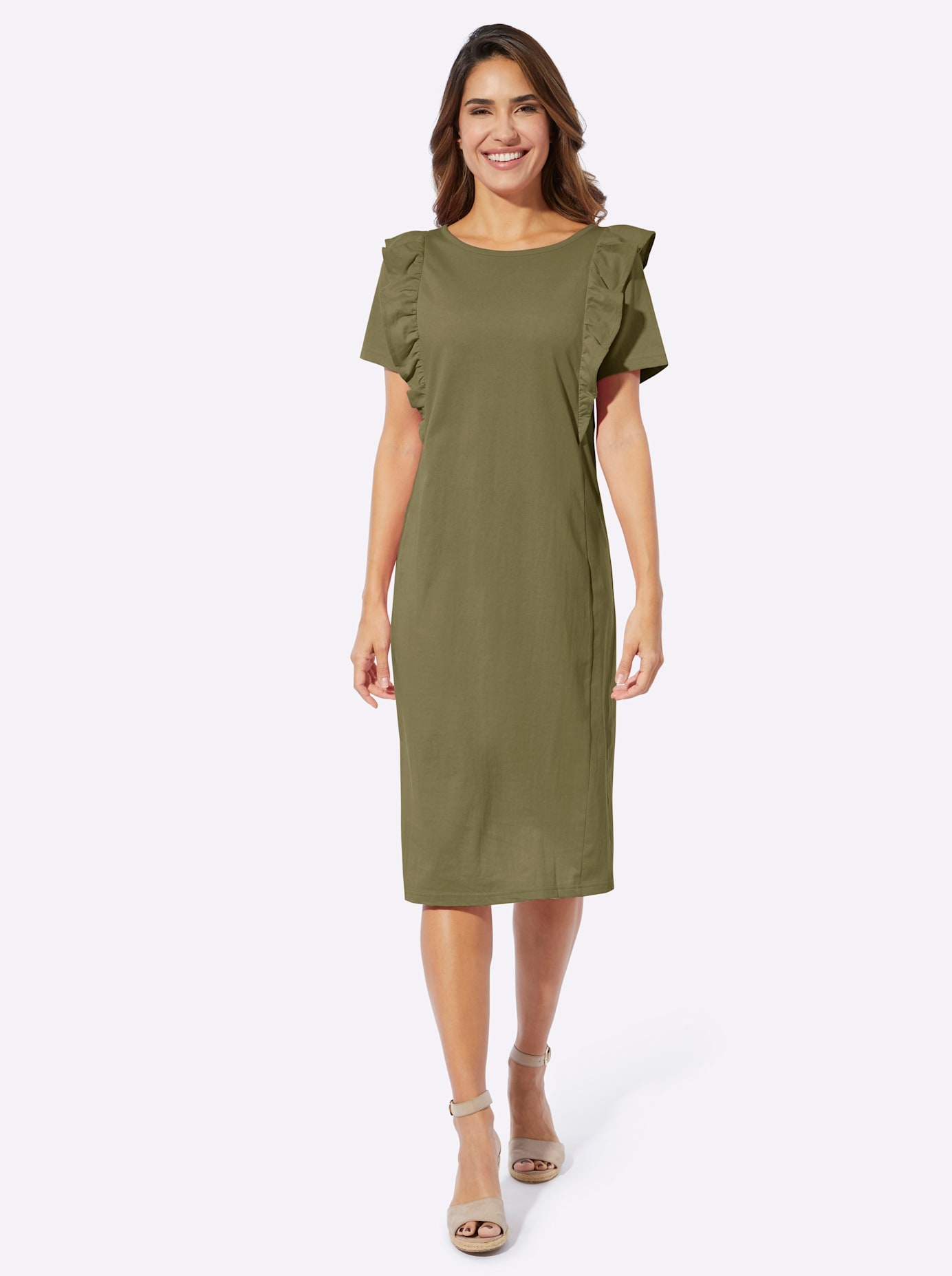 Shirtkleid CLASSIC BASICS "Jersey-Kleid", Damen, Gr. 54, grün (oliv), 100% Baumwolle, unifarben, lang, Rundhals, Kurzarm, Kleider Image