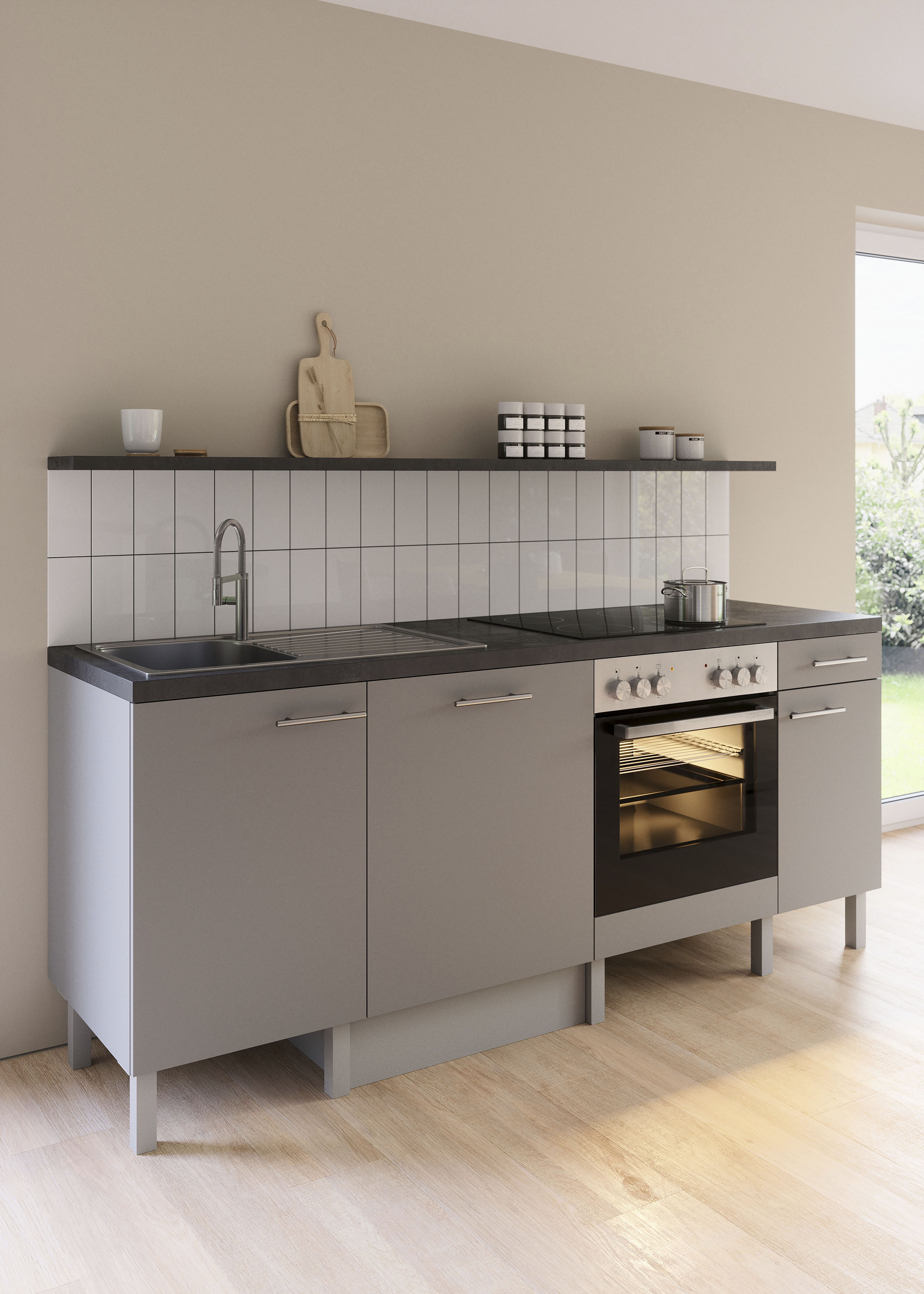 Küche OPTIFIT "Lilly", grau (küche: grau, front: basaltgrau, korpus: basalt grau, arbeitsplatte: schwarz stone), B:210cm H:90cm T:60cm, Komplettküchen-Sets, Breite 210, wahlweise mit E-Geräten Image