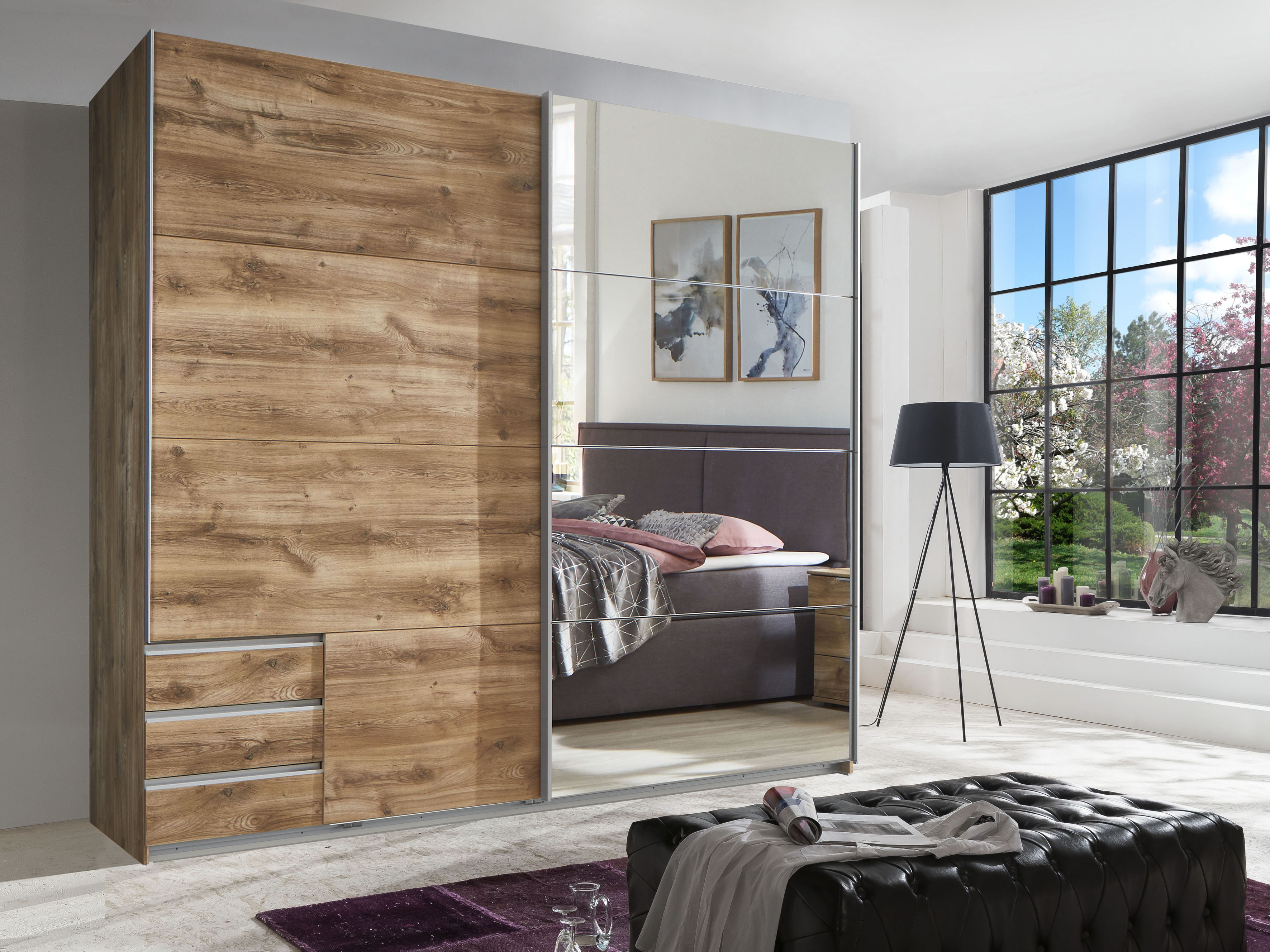 Schwebetürenschrank WIMEX "Seattle", braun (plankeneiche, nachbildung, spiegel), B:225cm H:208cm T:64cm, Schränke, mit Schubladen und Spiegel Image