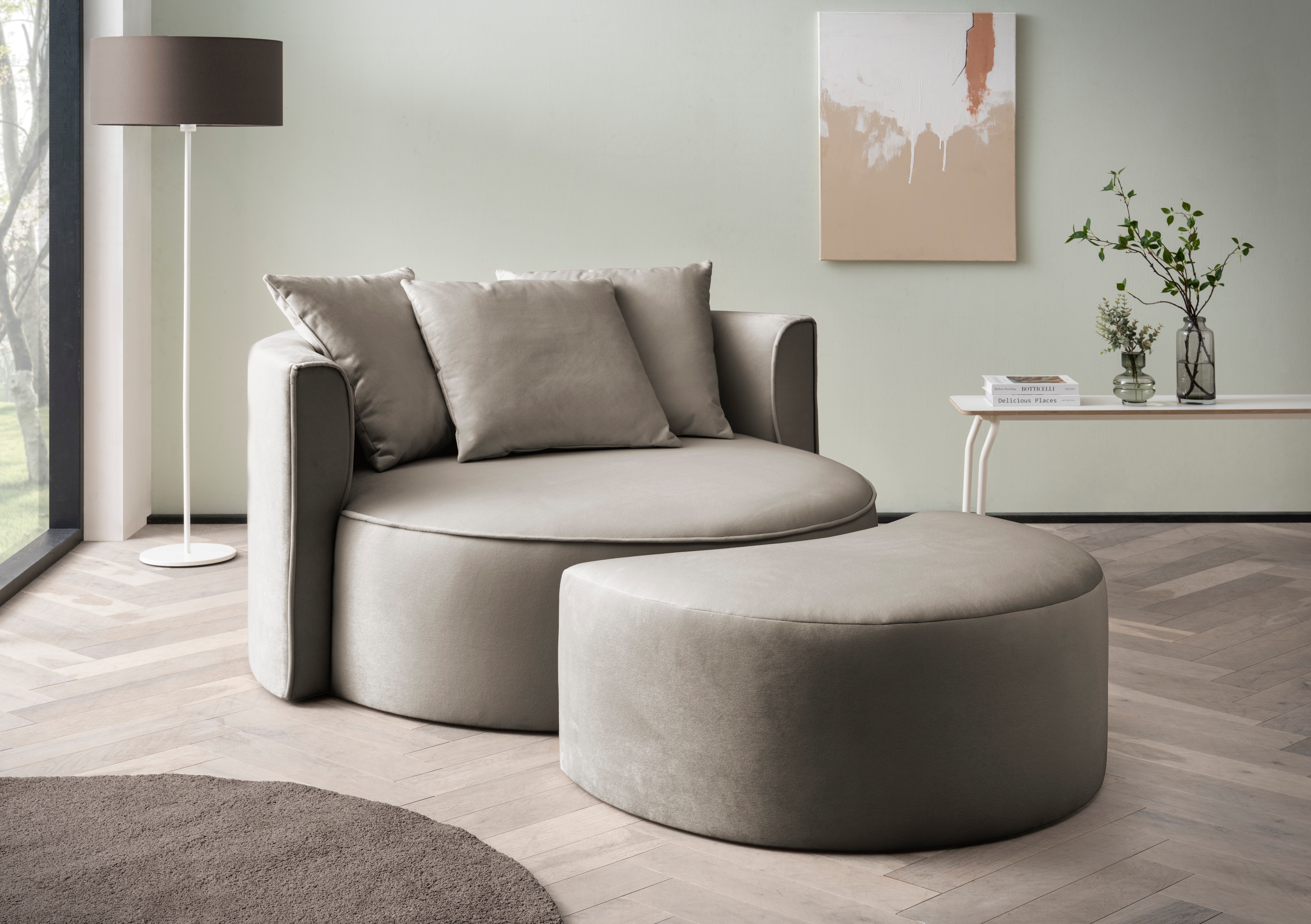 XXL-Sessel "ISALIE, Rundsessel mit Hocker, Lesesessel, Loveseat, Big-Sessel", grau (taupe), B:153cm H:98cm T:208cm, LEGER HOME BY LENA GERCKE, Sessel, XXL-Sessel, trendige Stoffe, 3 Zierkissen, große Sitzfläche, Cord, Samt, Bouclé