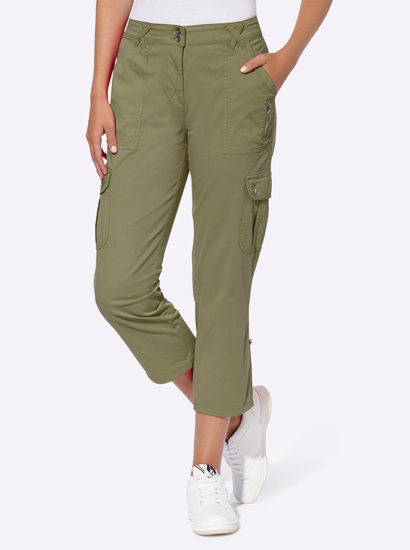 Cargohose HEINE, Damen, Gr. 48, Normalgrößen, grün (oliv), 98% Baumwolle, 2% Elasthan, unifarben, 7/8-Länge, Hosen Cargohose