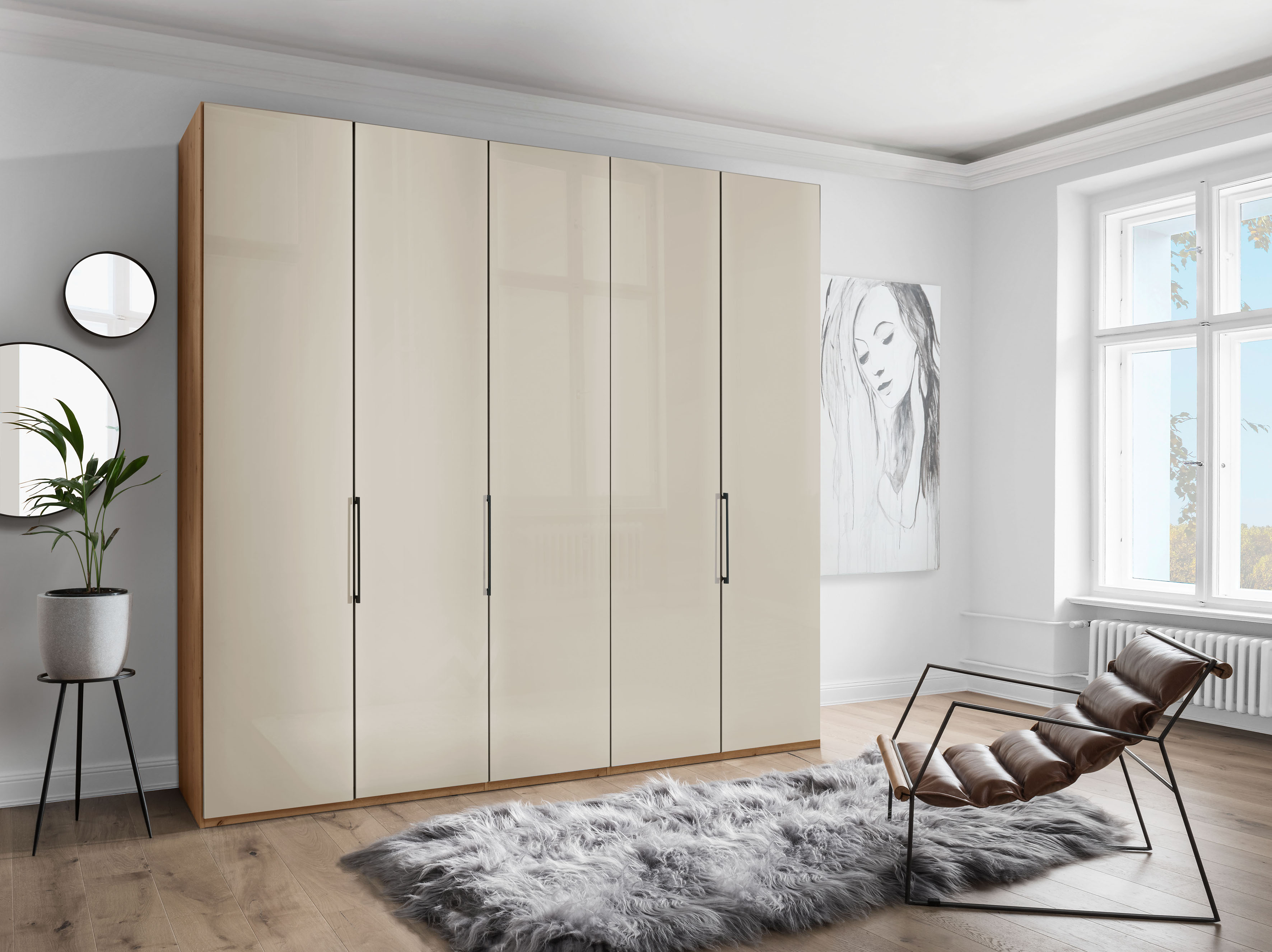 Drehtürenschrank WIEMANN "Monaco, Kleiderschrank, Schrank, Wäscheschrank, mit edler Glasfront", braun (bianco, eiche, nachbildung, glas champagner), B:246,3cm H:236cm T:58cm, Floatglas, Holzwerkstoff, Schränke, hochwertigen Beschläge inkl.... Image