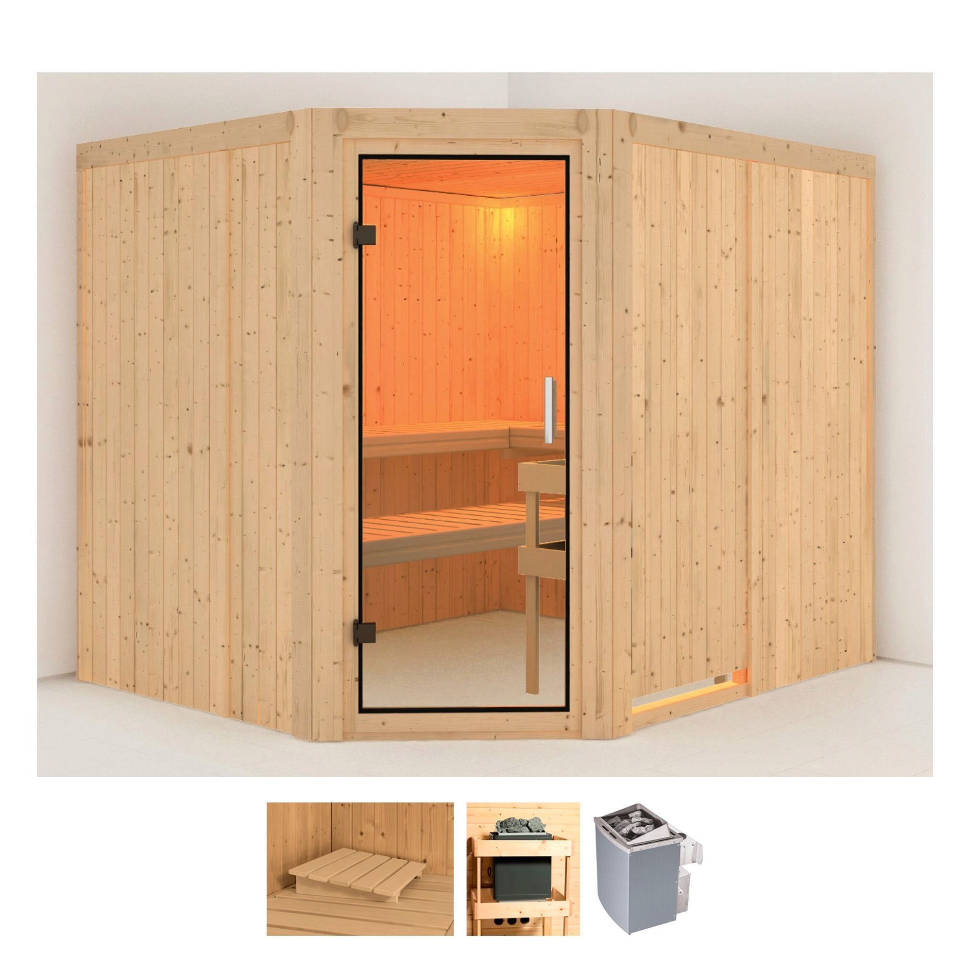 Sauna KARIBU "Marit", beige (naturbelassen), Saunaofen, integrierte Steuerung, 9 kW, Saunen, 9-kW-Ofen mit integrierter Steuerung Image