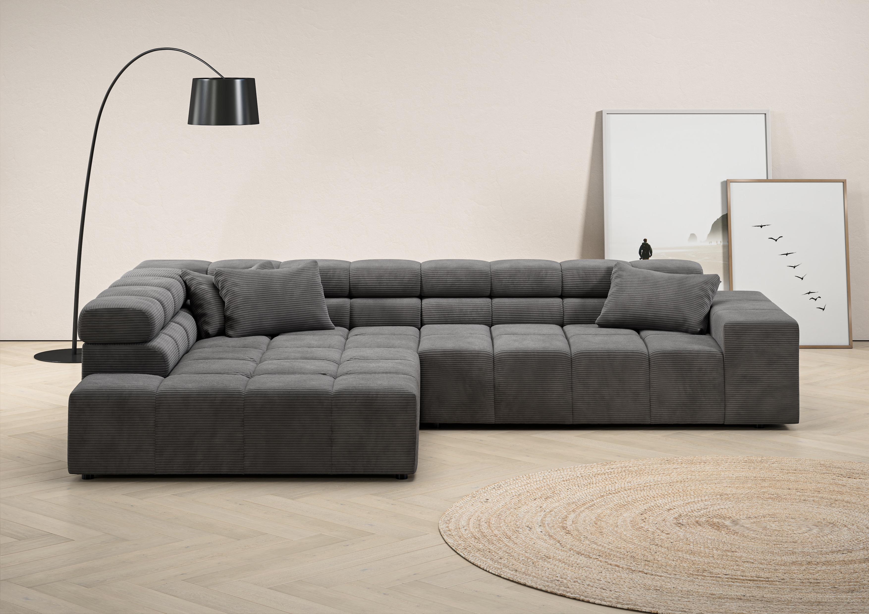 Ecksofa HOME AFFAIRE "Ancona incl. Kopfteilverstellung, OTTOs Choice, Breite 319cm, L-Form", grau (dunkelgrau), B:319cm H:70cm T:215cm, Struktur (85% Polyester, 15% Viskose);Luxus-Microfaser weich (98% Polyester, 2% Nylon);Velours (100% Polyester),...
