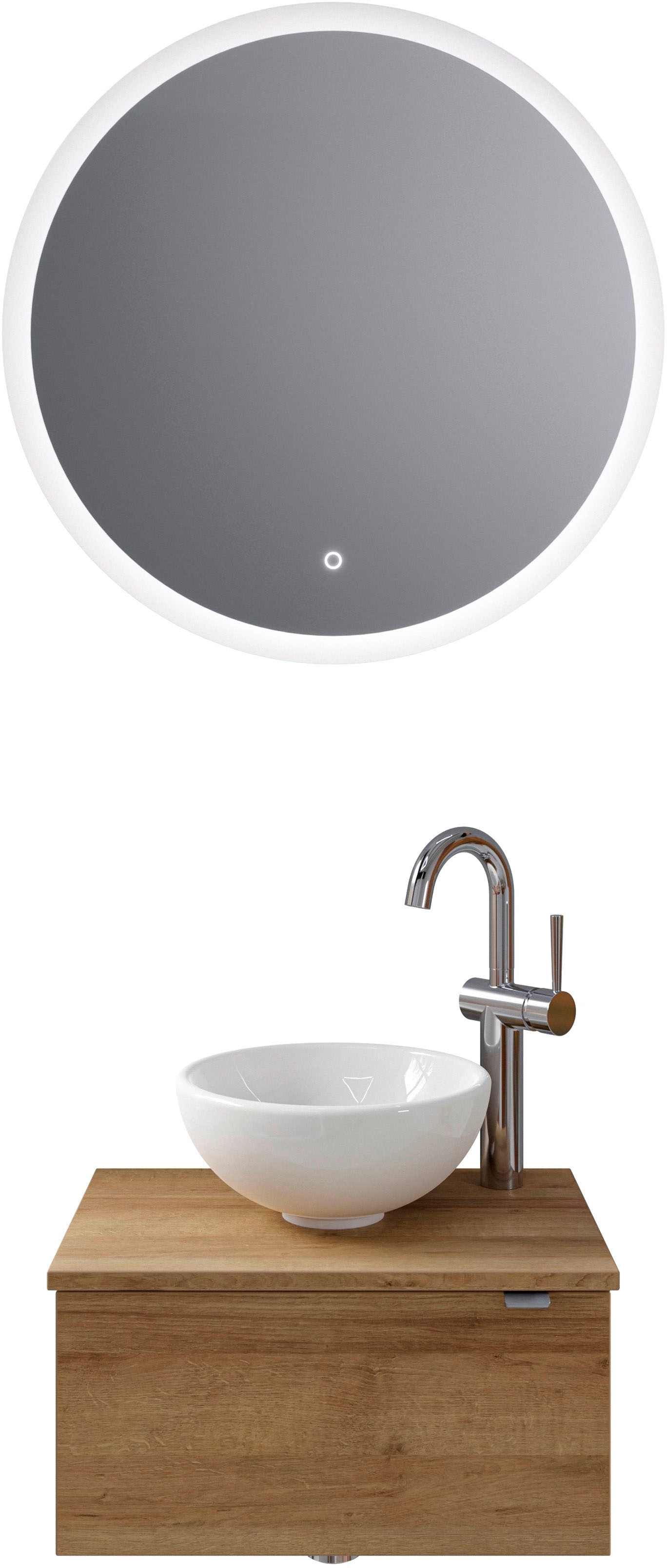 Badmöbel-Set SAPHIR "Serie 6915", braun (riviera eiche, riviera eiche), B:51cm H:200cm T:35cm, Kastenmöbel-Sets, Gäste-Bad, mit LED-Spiegel und 1 Tür Image