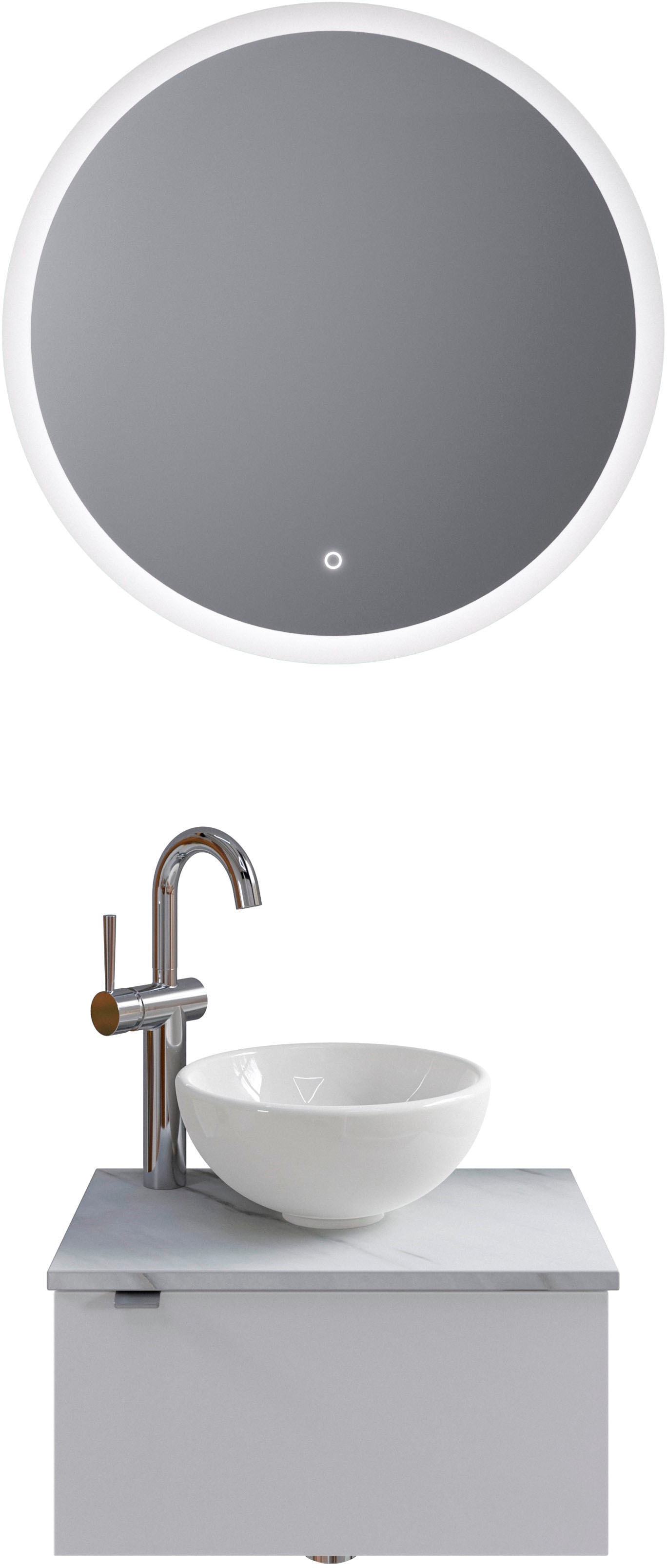 Badmöbel-Set SAPHIR "Serie 6915", weiß (schneeweiß glanz, marmor weiß), B:51cm H:200cm T:35cm, Kastenmöbel-Sets, Gäste-Bad, mit LED-Spiegel und 1 Tür Image