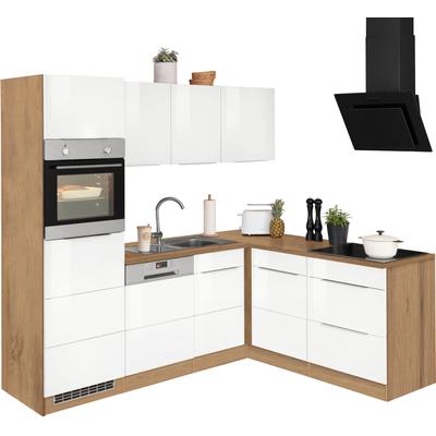 Winkelküche KOCHSTATION "KS-Brindisi", weiß (front: weiß hochglanz, korpus: wotaneichefarben, arbeitsplatte: wotaneichefarben), B:230cm H:200cm T:60cm, Komplettküchen-Sets, Küchenzeile, Stellbreite 230/170 cm, wahlweise mit E-Geräten, mit MDF-Fronten Image