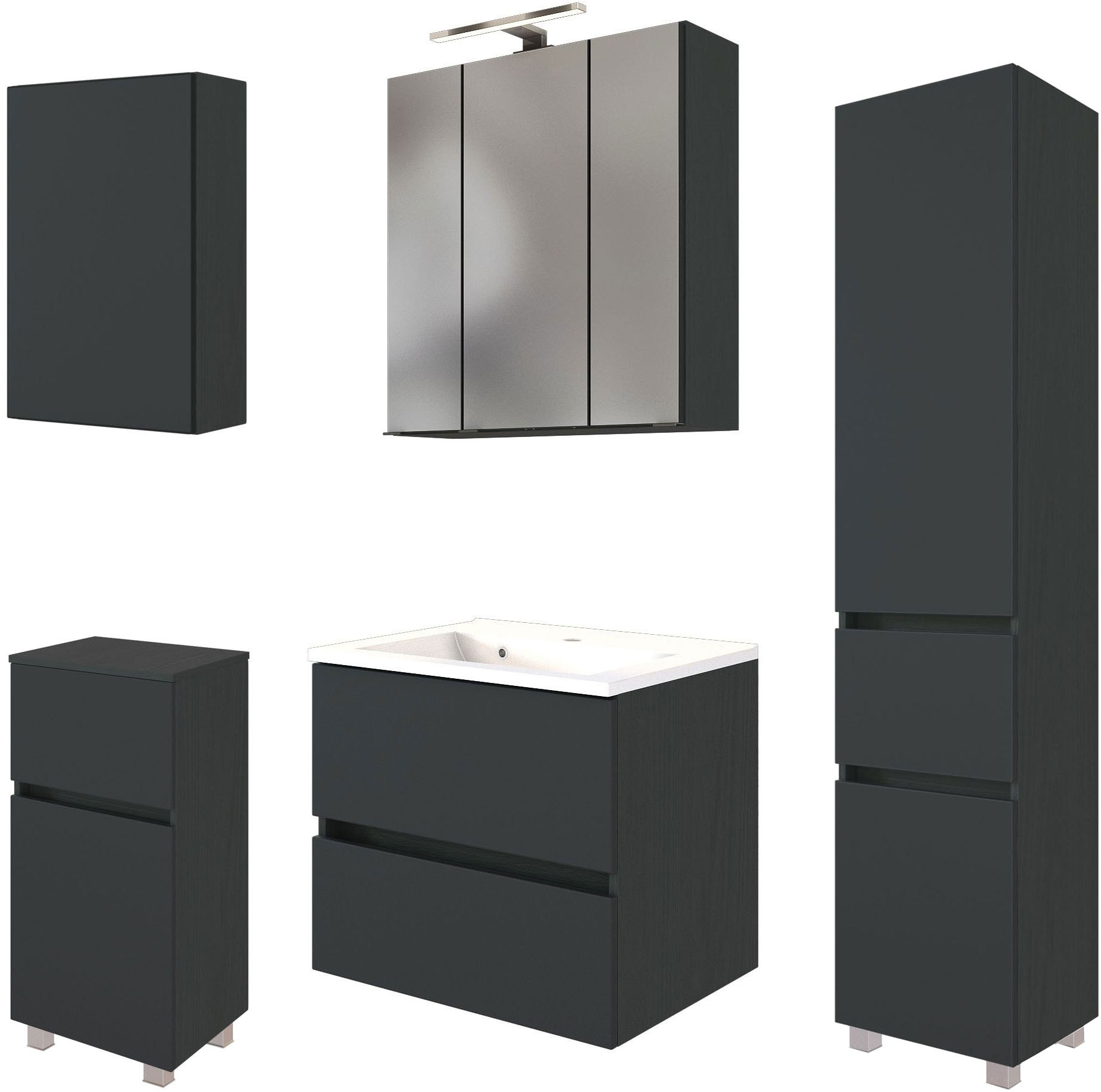 Badmöbel-Set WELLTIME "Welltime Möbel Baabe Waschtisch-Set 3tlg. oder 5tlg.", grau (matt grau), Set 13 5tlg.: Waschtisch 60cm breit, Spiegelschrank 60cm breit, Hängeschrank, Unterschrank, Seitenschrank, Holzwerkstoff, Kastenmöbel-Sets, Badmöbel-Set,...