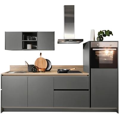 Küche KOCHSTATION "KS-Sakura, vormontiert, mit Vollauszügen und höhenverstellbaren Füßen", grau (front: anthrazit, korpus: anthrazit, arbeitsplatte: bergeiche nachbildung), B:268cm T:60cm, Komplettküchen-Sets, wahlweise mit E-Geräten und... Image