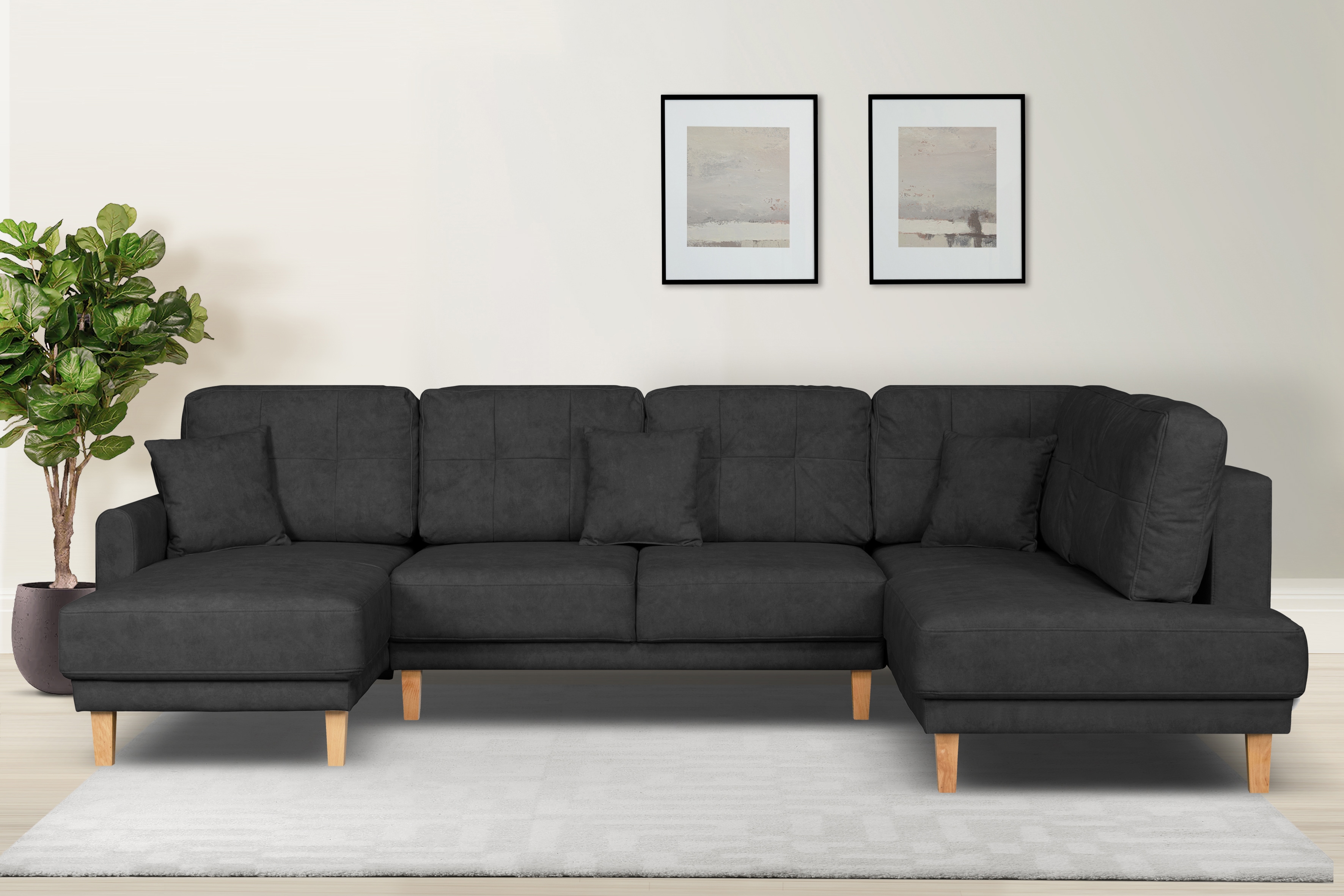 Wohnlandschaft HOME AFFAIRE "TRIPLO U-Form wahlweise mit Schlaffunktion, B/T/H: 310/192/90 cm", schwarz, B:310cm H:90cm T:192cm, 100% Polyester, Sofas, Wohnlandschaft, Schlafsofa, auch mit Bettkasten, Steppung im Rückenkissen