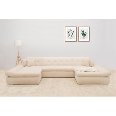 Wohnlandschaft DOMO COLLECTION "Moric wahlweise mit Bettfunktion und Armteilverstellung, XXL", beige (creme), B:386cm H:80cm T:172cm, 100% Polyester, Sofas, U-Form, beidseitig mit Recamiere, incl. Zierkissen, Cord-Bezug Image