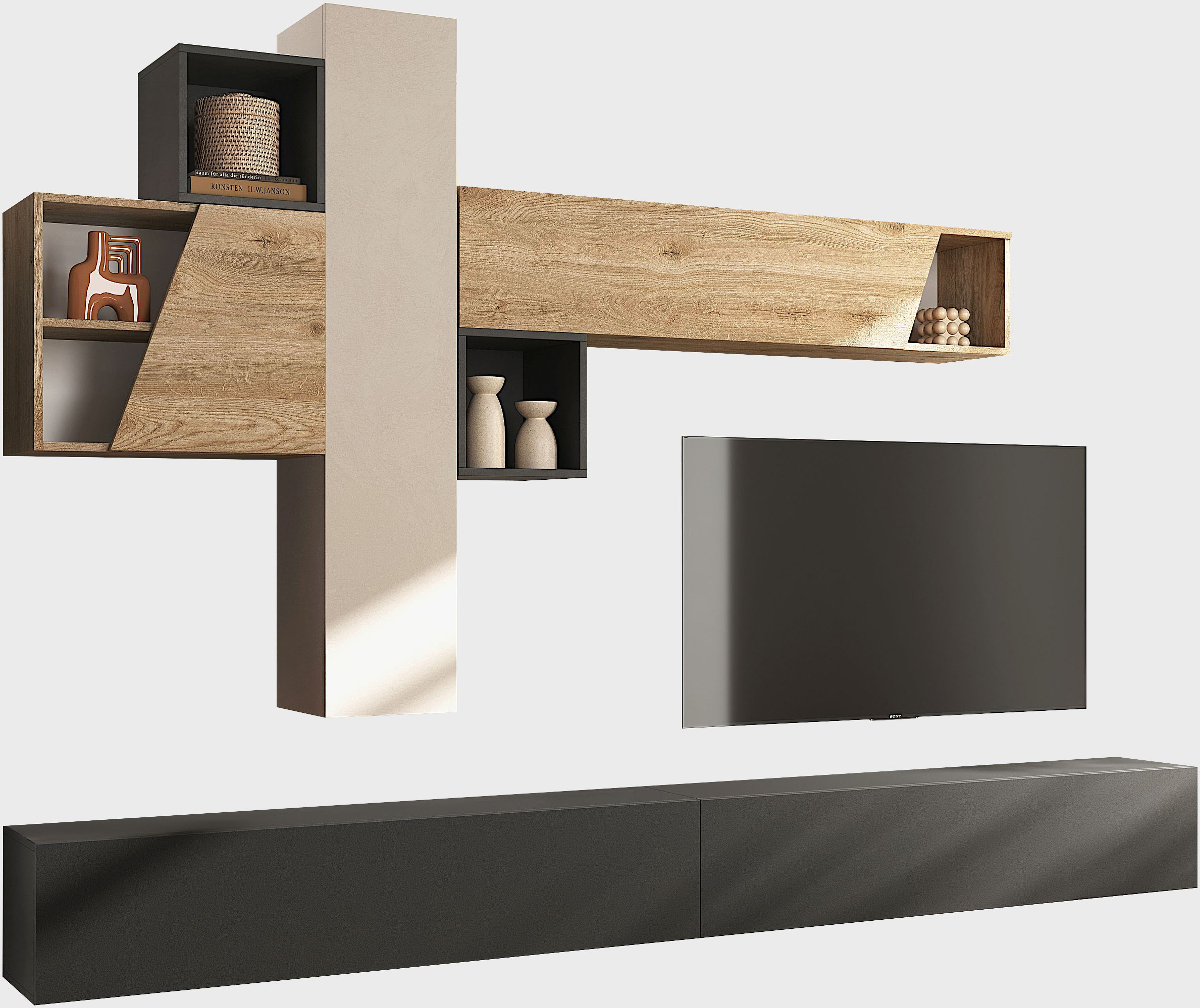 Wohnwand INOSIGN "Infinity, 6tlg. Breite 276 cm, moderne Mediawand", cashmere, eiche cadiz nb, lava, B:276cm H:210cm T:30cm, Kastenmöbel-Sets, (2x Lowboard hängend, Hängewürfel, 2x Hängeschrank, Würfelregal Set)