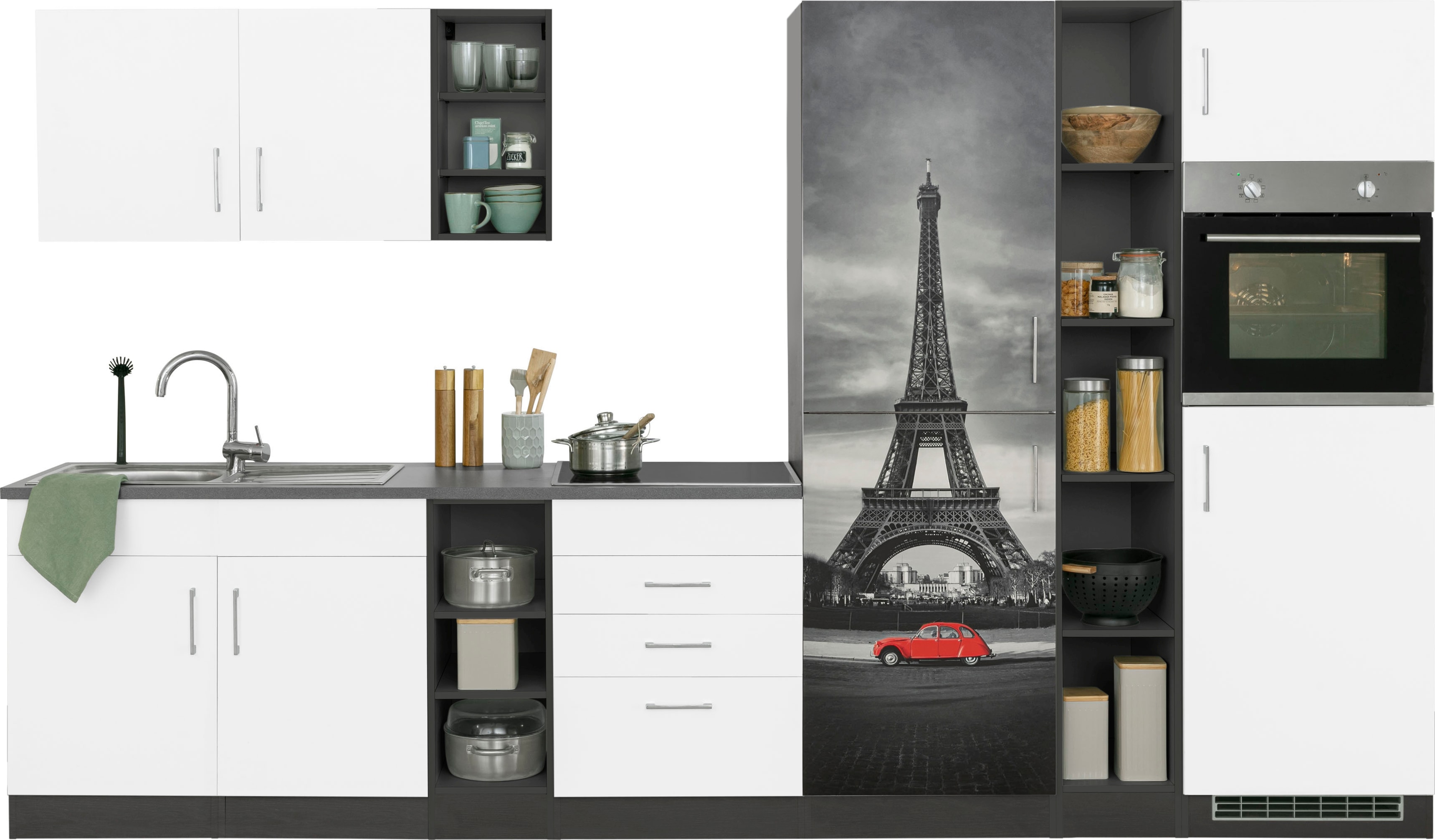 Küchenzeile KOCHSTATION "KS-Paris", weiß (küche: weiß, korpus: grafit, arbeitsplatte: anthrazit), B:340cm T:60cm, Komplettküchen-Sets, ohne E-Geräte, Breite 340 cm Image