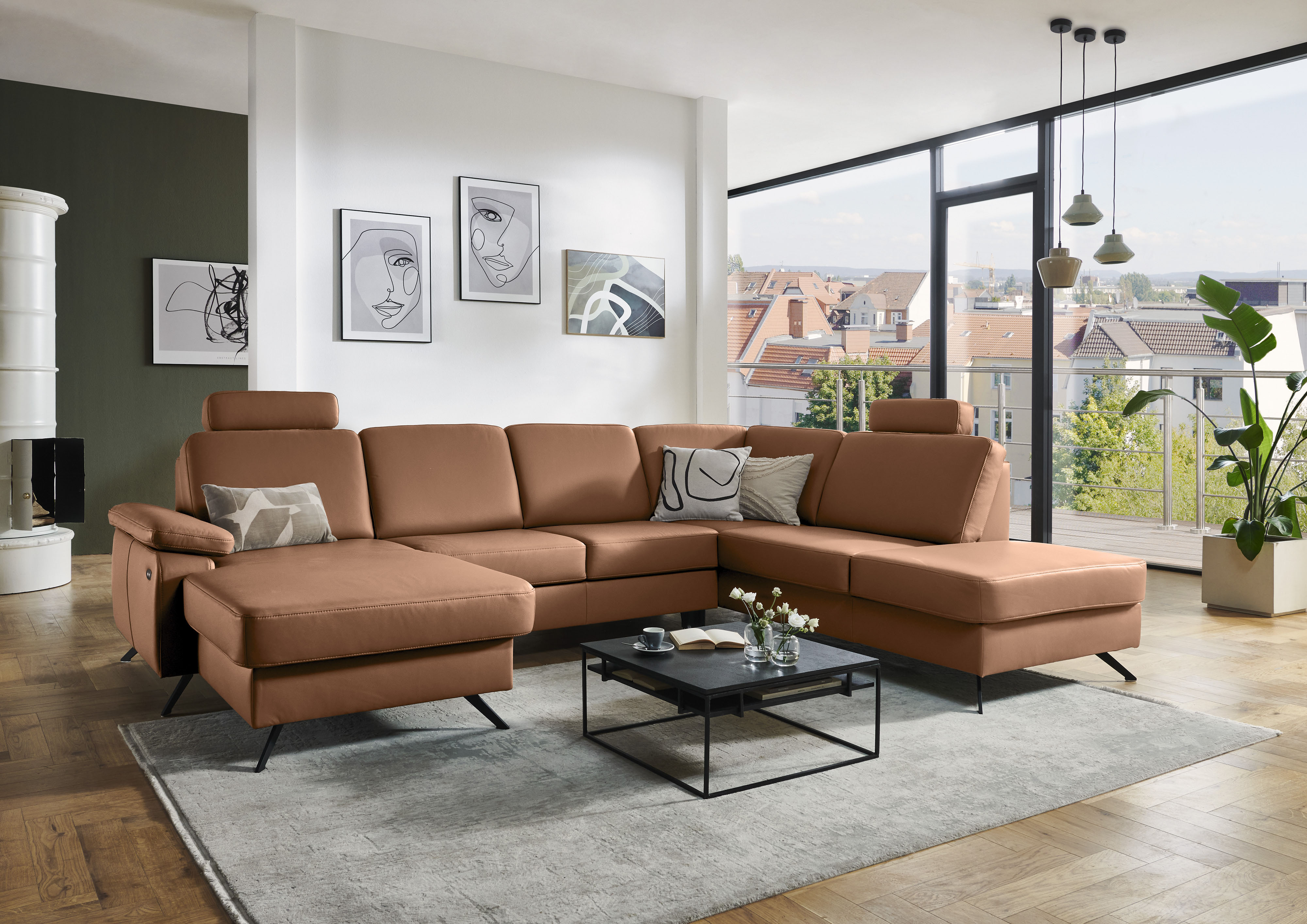 Wohnlandschaft DIE PLANBAR "PN-EM15047 U-Form, mit Kopfstützen", parkett, B:309cm H:104cm T:235cm, Sofas, Wohnlandschaft, Echtleder, wahlweise mit Bettfunktion u. Stauraum