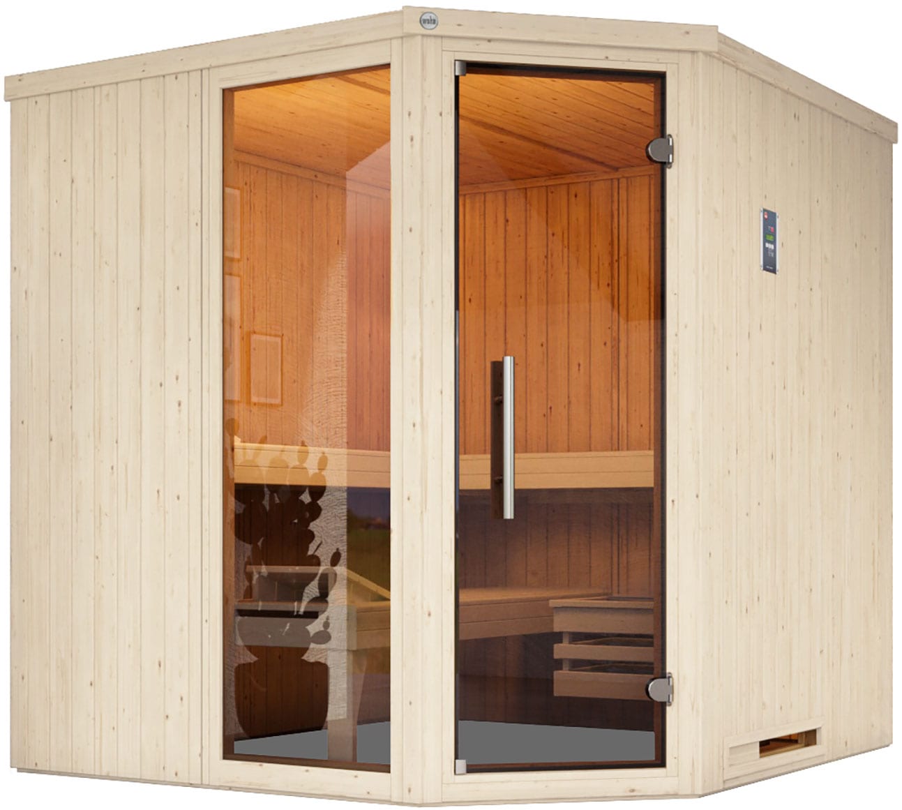 Sauna WEKA "Element-Ecksauna VARBERG 3", weiß, Saunaofen, externe Steuerung, 0,7 kW, Saunen, vorgefertigte Elemente, moderne Ganzglastür, bodenl. Fensterelement