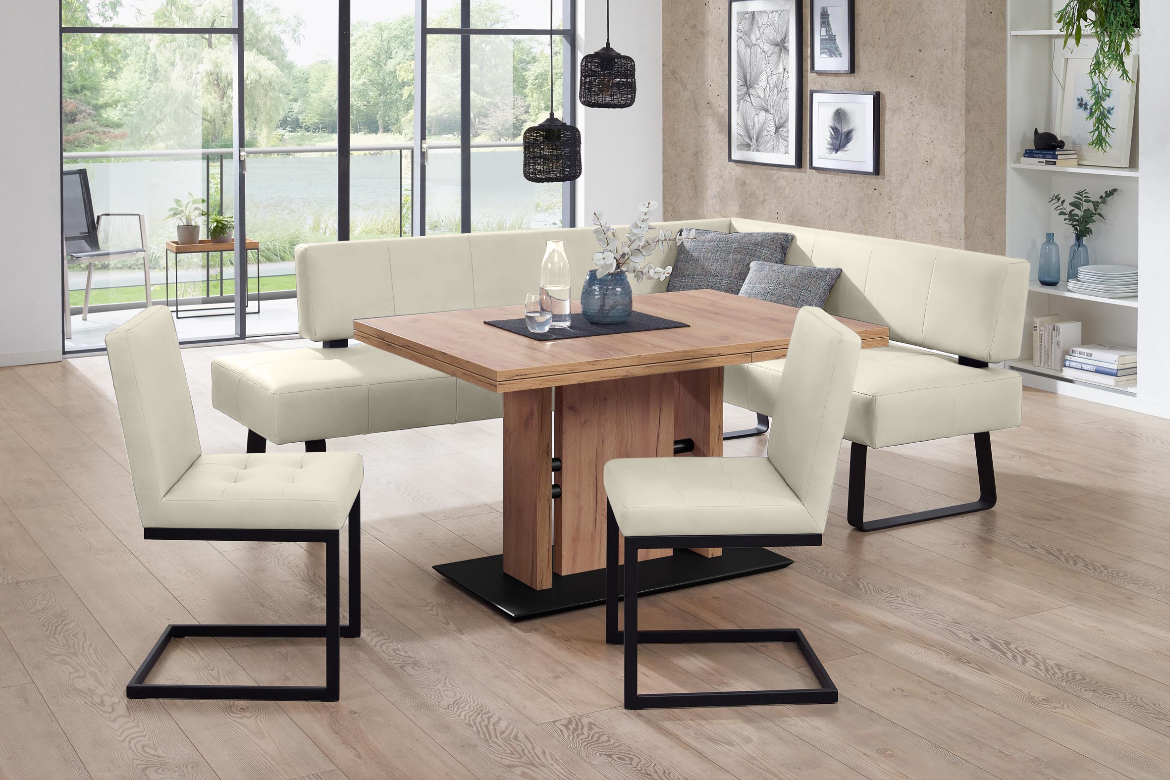 Essgruppe K+W KOMFORT & WOHNEN "Spider II", weiß (bianco 33,), H:88cm T:50cm, Sitzmöbel-Sets, langer Schenkel wahweise in 2 Breiten, 2 Freischwinger, 1 Tisch Image