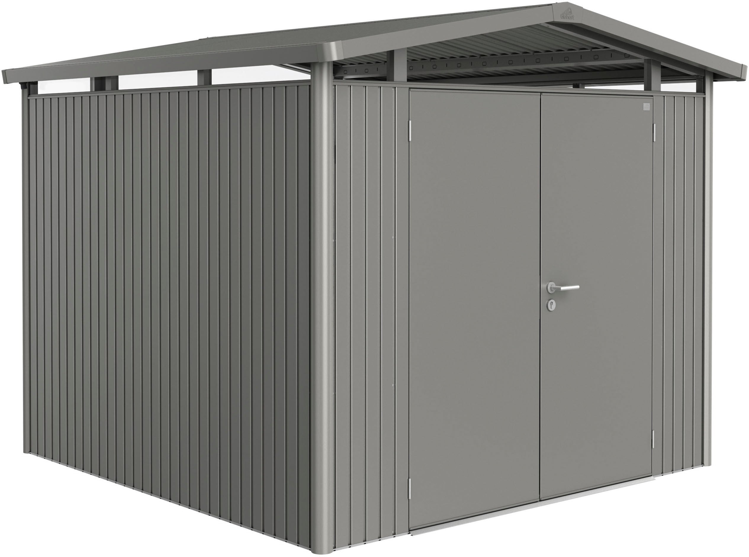 Gerätehaus BIOHORT "PANORAMA Gr. P4 quarzgrau-metallic mit Doppeltür", grau (quarzgrau, metallic), Stahl, Gerätehäuser, aus Metall mit umlaufendem Acrylglas-Lichtband