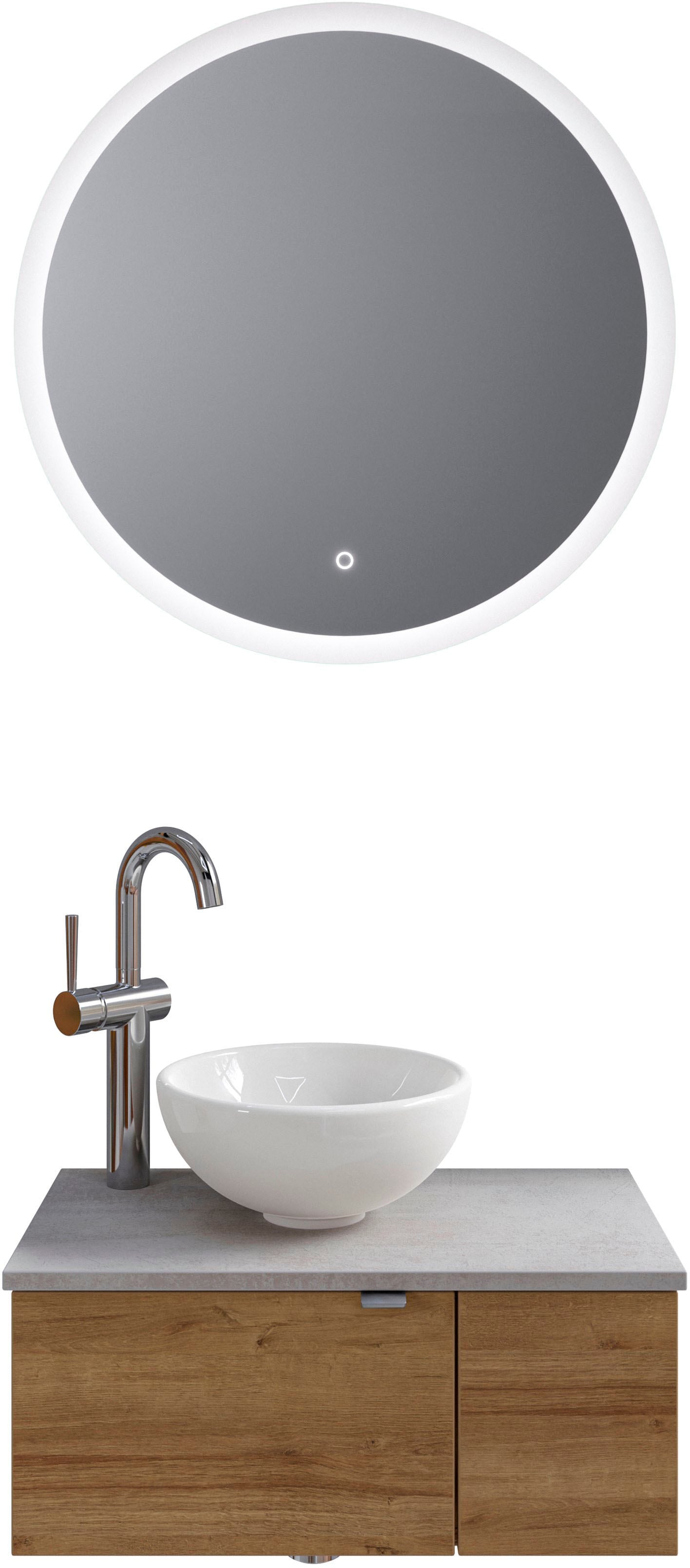 Badmöbel-Set SAPHIR "Serie 6915", grau (riviera eiche, oxid hellgrau), B:70cm H:200cm T:35cm, Kastenmöbel-Sets, Gäste-Bad, 70 cm breit, mit LED-Spiegel, offenem Fach und 2 Türen Image
