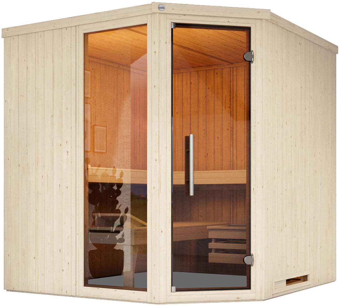 Sauna WEKA "Element-Ecksauna VARBERG 3", weiß, ohne Ofen, ohne Steuerung, (ohne Ofen), Saunen, vorgefertigte Elemente, moderne Ganzglastür, bodenl. Fensterelement