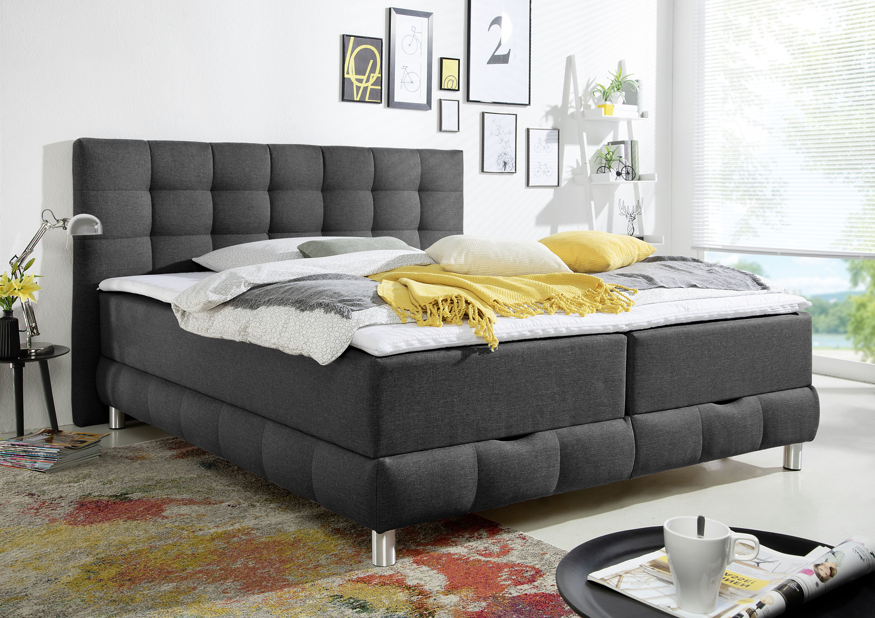 Boxbett INOSIGN "Vaasa", grau (anthrazit), B:214cm L:210cm, Komplettbetten, inkl. Bettkasten & Topper, XXL-Ausführung, Überlänge 220 cm Image