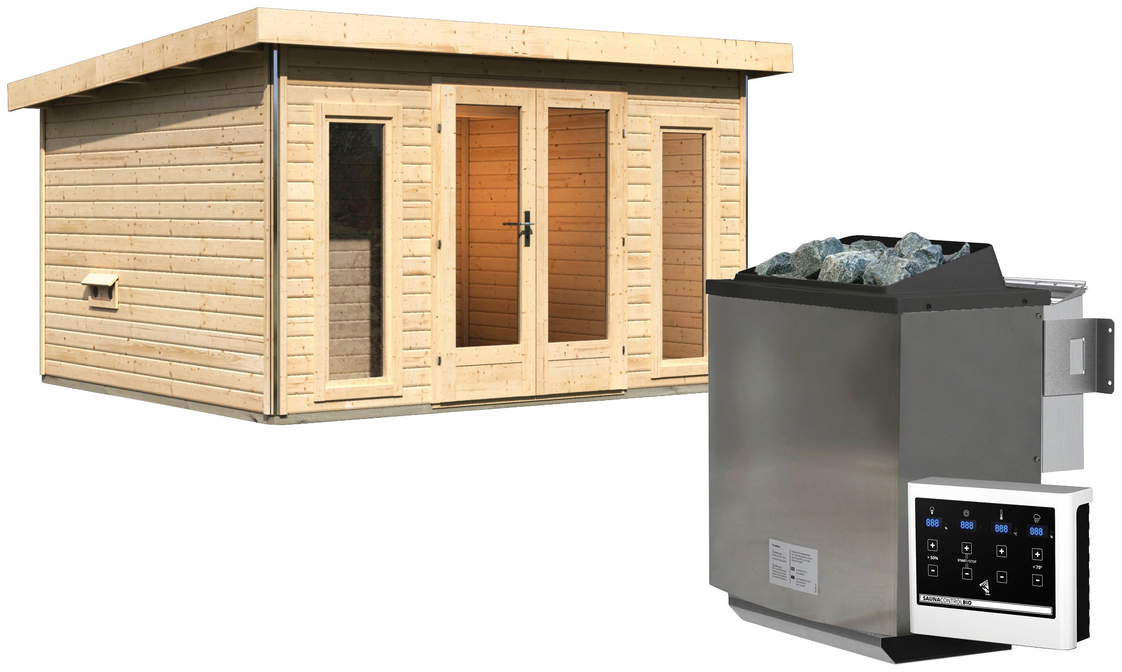 Saunahaus KARIBU "Maiko 2B", beige (naturbelassen), Bio-Ofen, externe Steuerung, 9 kW, Saunen, Ofen 9 kW Bio externe Strg easy