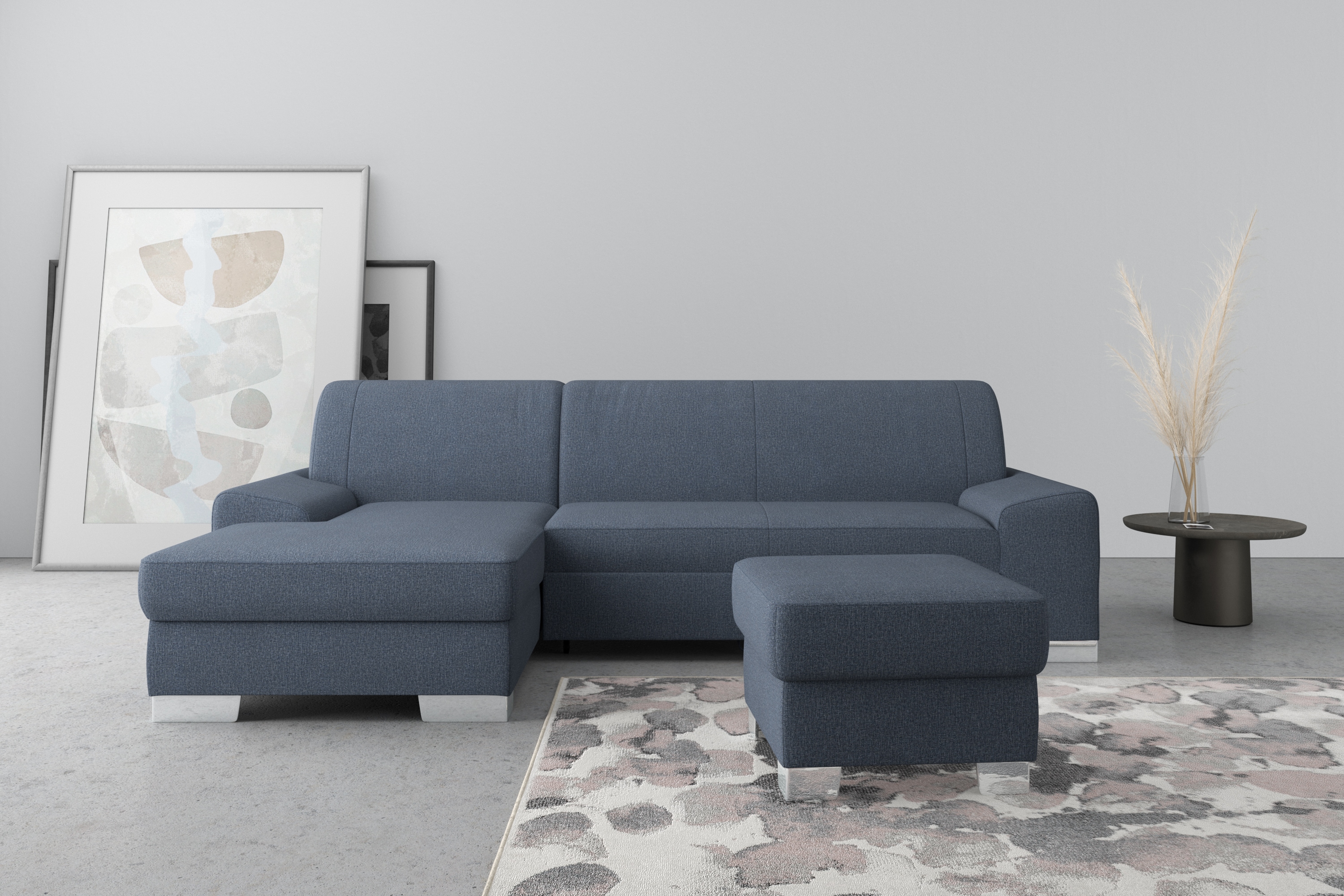 Ecksofa DOMO COLLECTION "Anzio L-Form, whlw. Bettfunktion, Federkern, hochwertig, Breite 271 cm", blau, B:271cm H:85cm T:160cm, Sofas, Ecksofa, Mit Bettfunktion, Recamiere links, Feinstruktur, blau