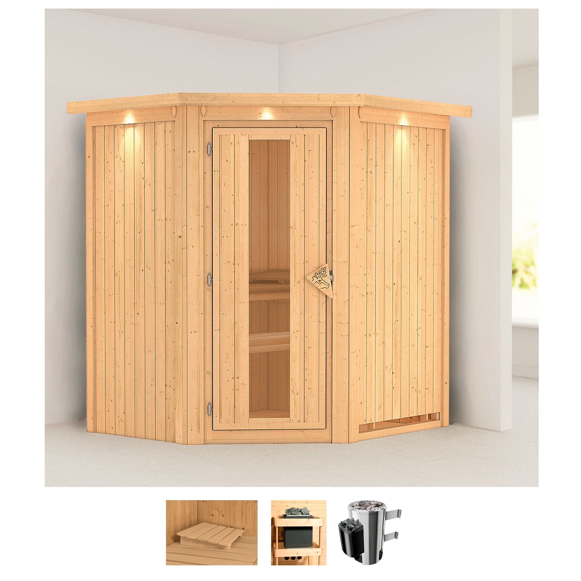Sauna KARIBU "Tomke", beige (naturbelassen), Saunaofen, integrierte Steuerung, 3,6 kW, Saunen, 3,6-kW-Plug & Play Ofen mit integrierter Steuerung Image