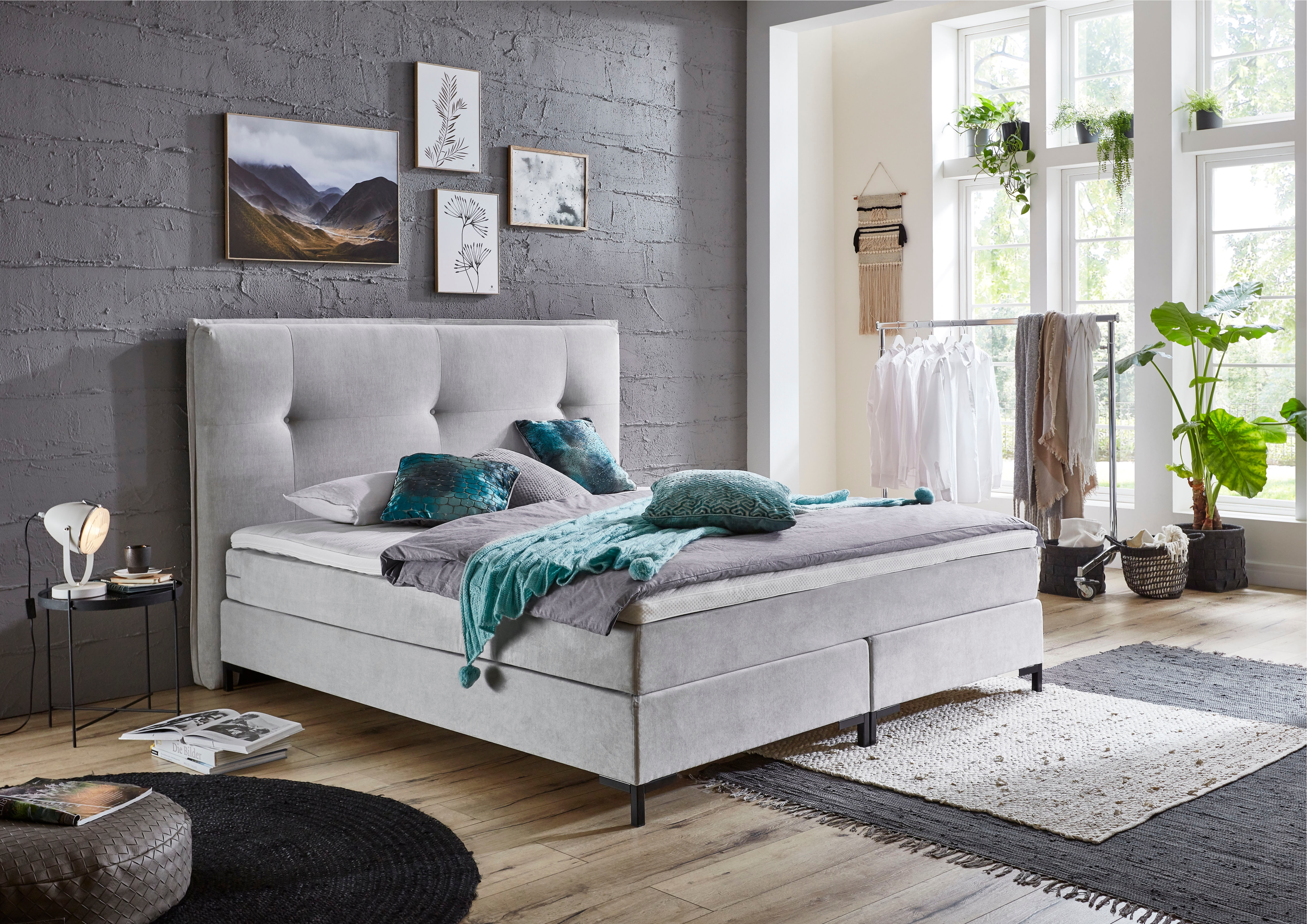 Boxspringbett "Romy", grau (hellgrau), B:194cm L:214cm, Bezug Bettbox und Obermatratze: Strukturstoff (90% Polyester, 10% Nylon);Topper: Jersey (100% Polyester), ATLANTIC HOME COLLECTION, Komplettbetten, Boxspringbett Image