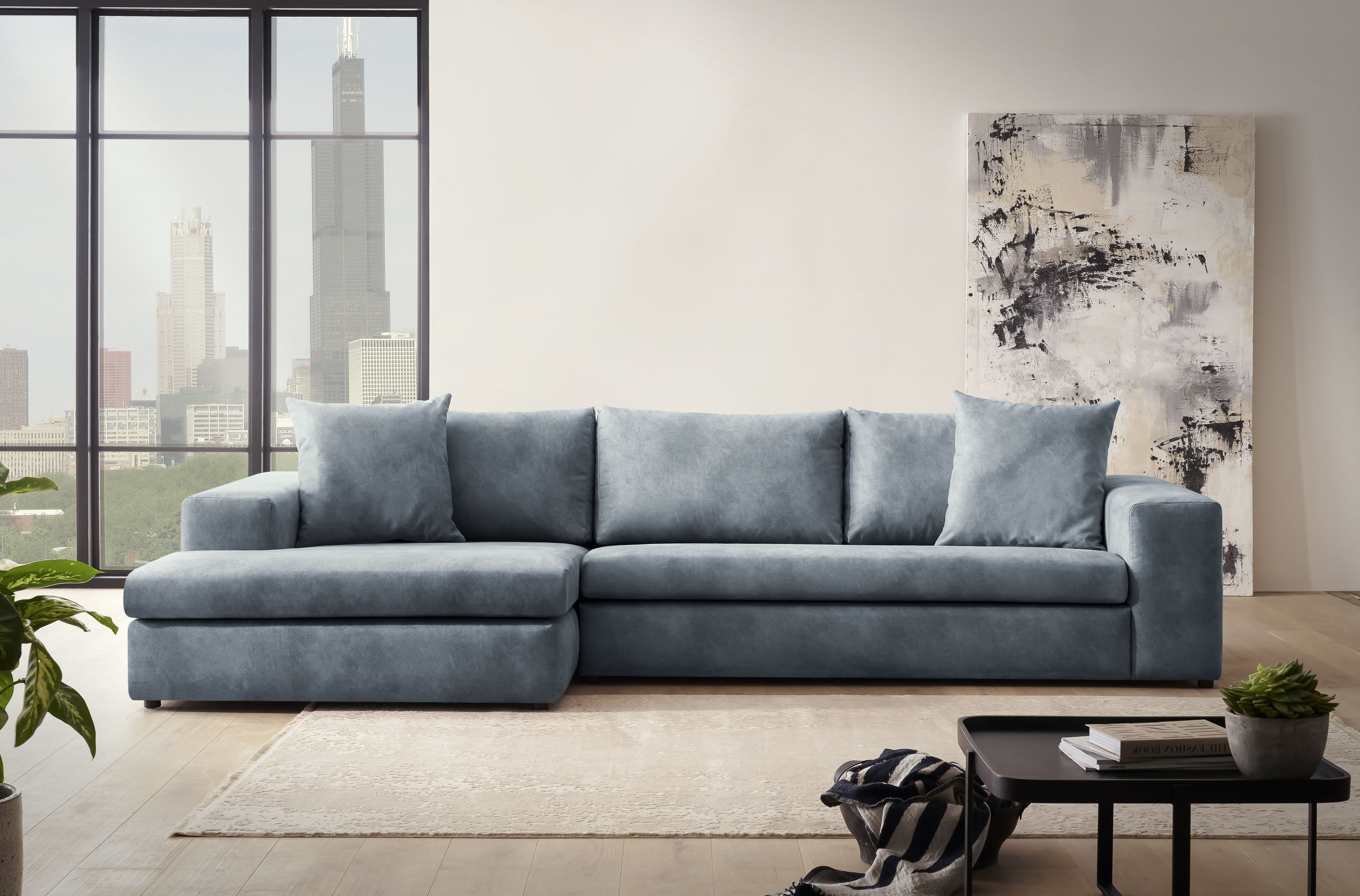 Ecksofa HOME AFFAIRE "SLEETLAND XXL in Samtvelours oder Vintage-Leder-Optik, L-Form", blau, B:325cm H:72cm T:167cm, Sofas, Ecksofa, besonders groß und bequem