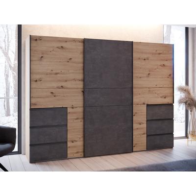 Schwebetürenschrank FORTE, grau (artisan eiche, betonoptik dunkelgrau), B:269,7cm H:200,5cm T:61cm, Dekorfolie, Holzwerkstoff, Metall, Schränke, Schwebetürenschrank, Stauraum, 6 Schubkästen, erhältlich in 2 Dekoren Image