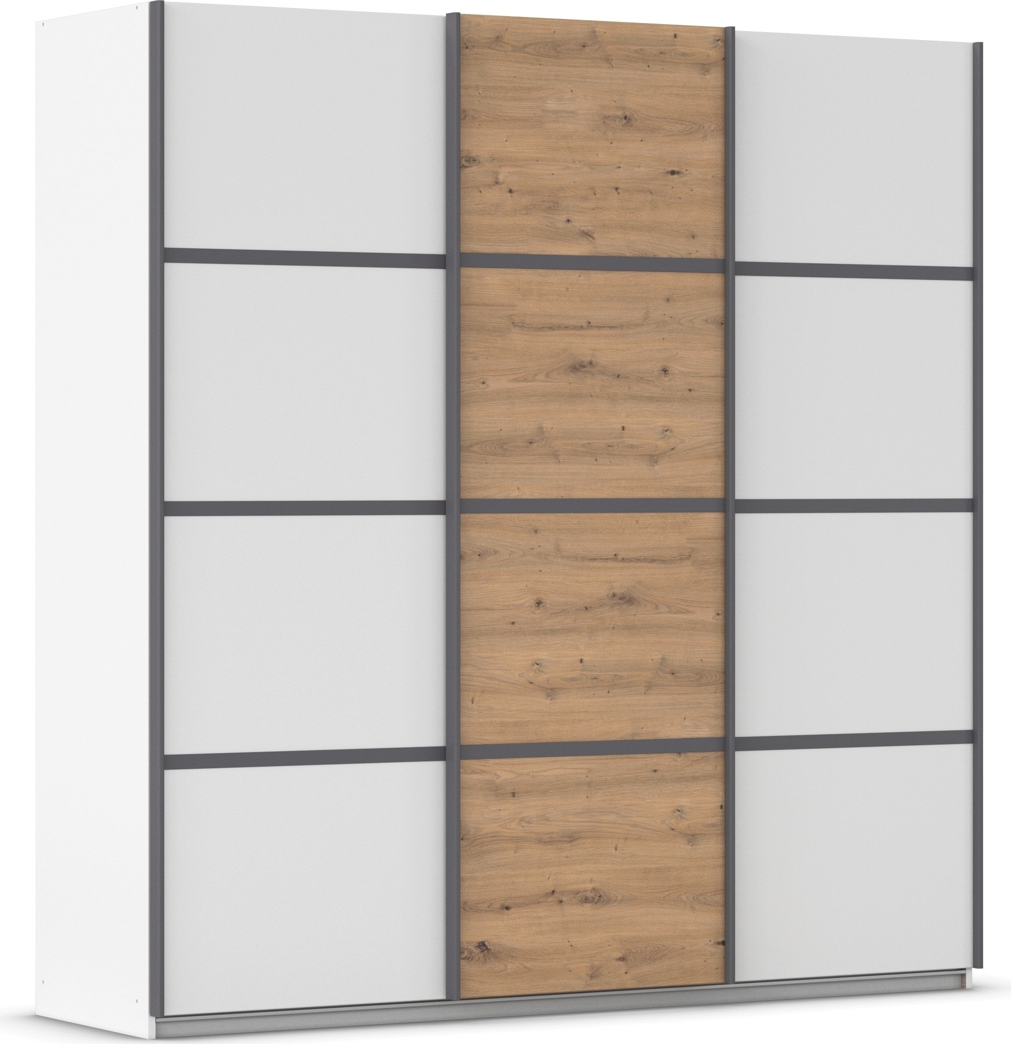 Kleiderschrank RAUCH "Schwebetürenschrank OTTO´s Choice Garderobe Schrank TOP ANGEBOT Avola", weiß (alpinweiß, eiche artisan, leisten graumetallic), B:203cm H:210cm T:62cm, Holzwerkstoff, Schränke, mit eleganten Zierleisten in Chrom, Schwarz oder... Image