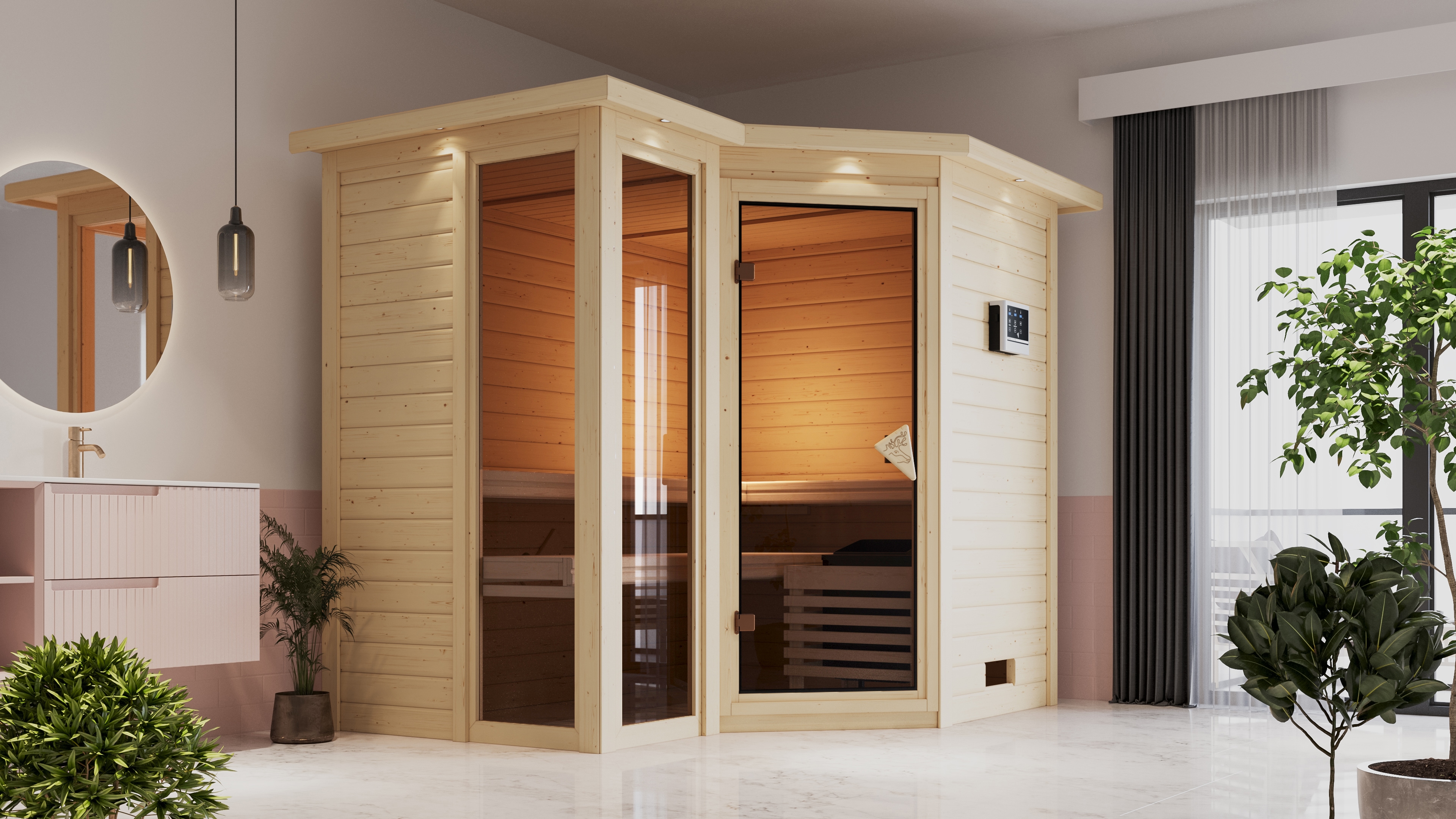 Sauna KARIBU "Amada", beige (naturbelassen), Bio-Kombiofen, externe Steuerung, 9 kW, Saunen, 9-kW-Bio-Ofen mit externer Steuerung Image