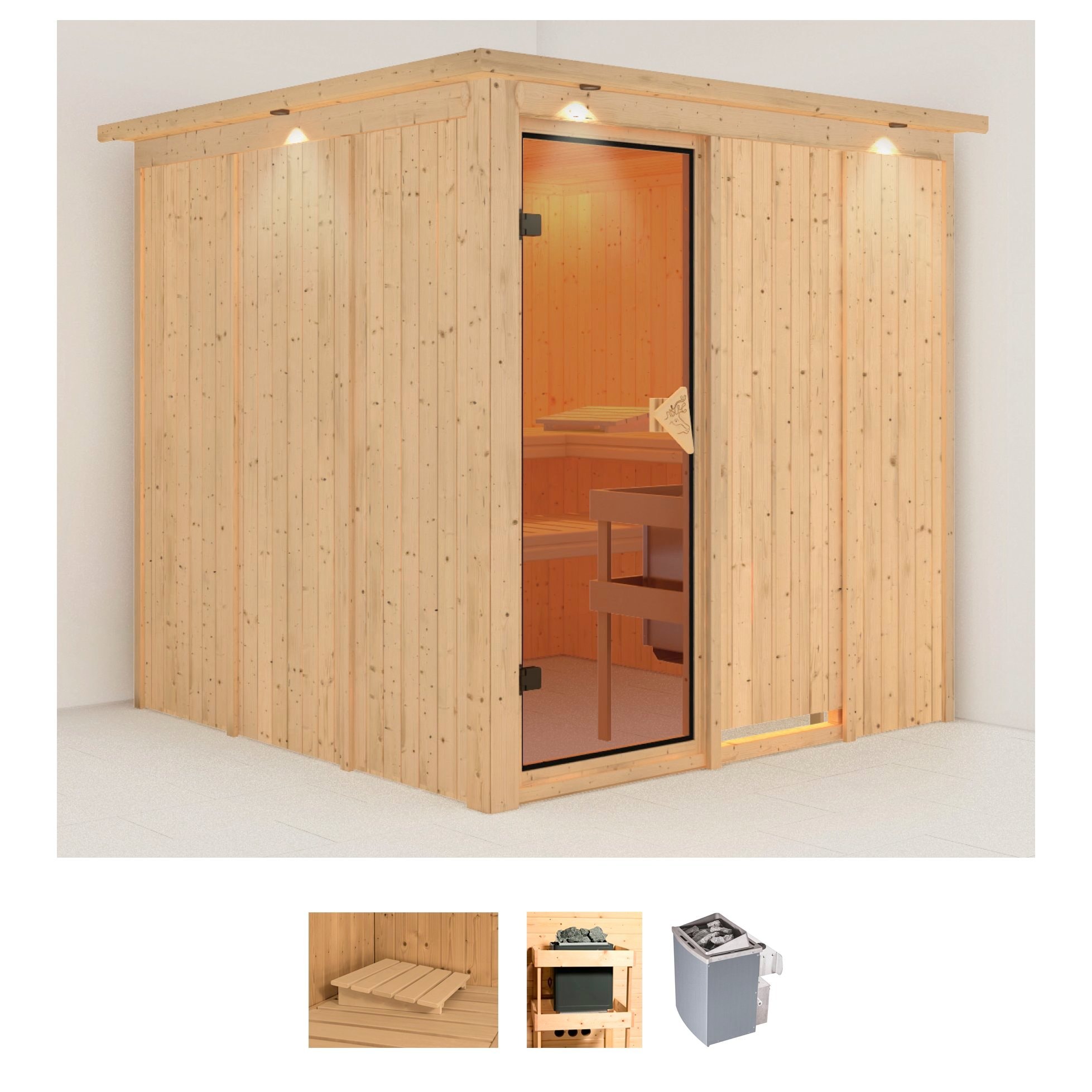 Sauna KARIBU "Rodin", beige (naturbelassen), Saunaofen, integrierte Steuerung, 9 kW, Saunen, Ofen 9 kW integr. Strg