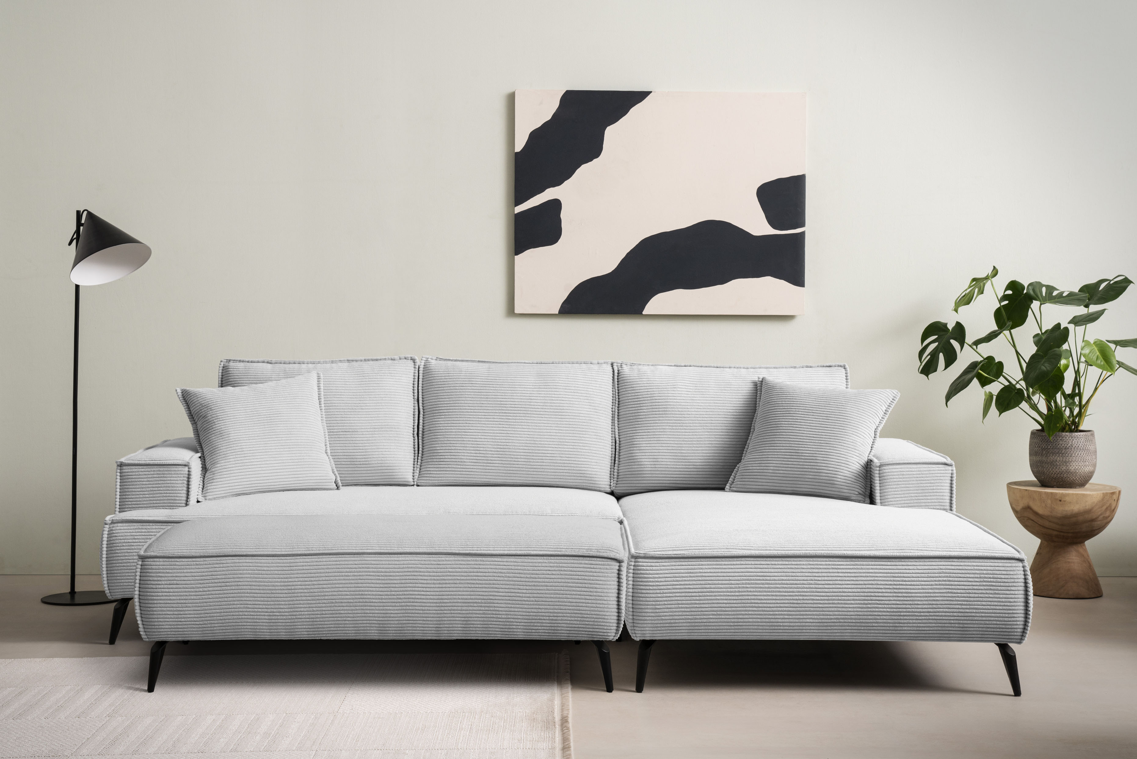 Sitzgruppe HOME AFFAIRE "TVINNU, Polsterecke L-Form, Schlaffunktion, mit Hocker", grau (hellgrau,), B:275cm H:83cm T:173cm, Sitzmöbel-Sets, Set, stellbar zum Schlafsofa (Krokodilverbinder)