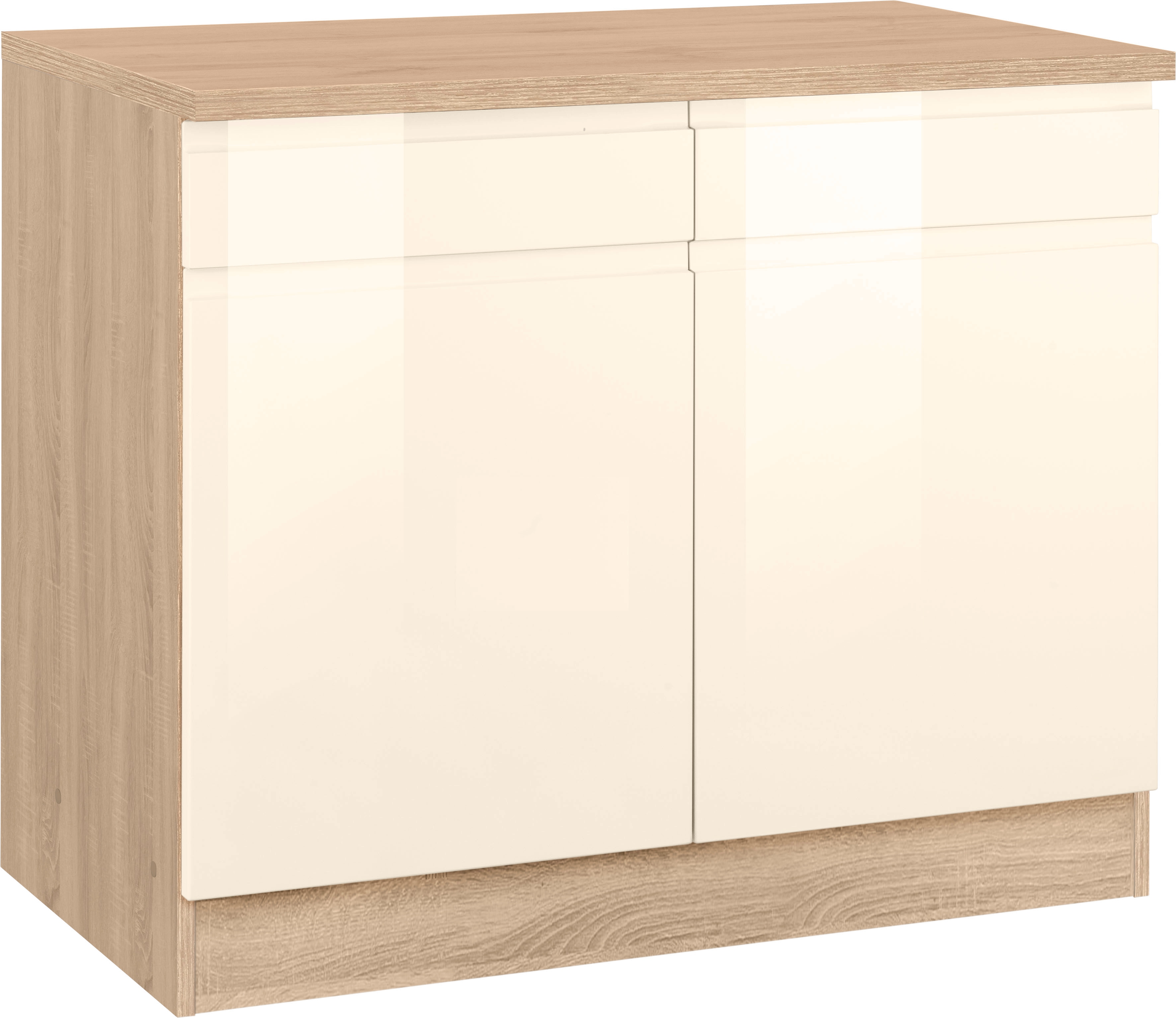 Unterschrank KOCHSTATION "KS-Virginia", beige (creme hochglanz), B:100cm H:85cm T:60cm, Holzwerkstoff, MDF, Schränke, Küchenunterschrank Unterschrank, 100 cm breit, mit 2 Türen und 2 Schubkästen