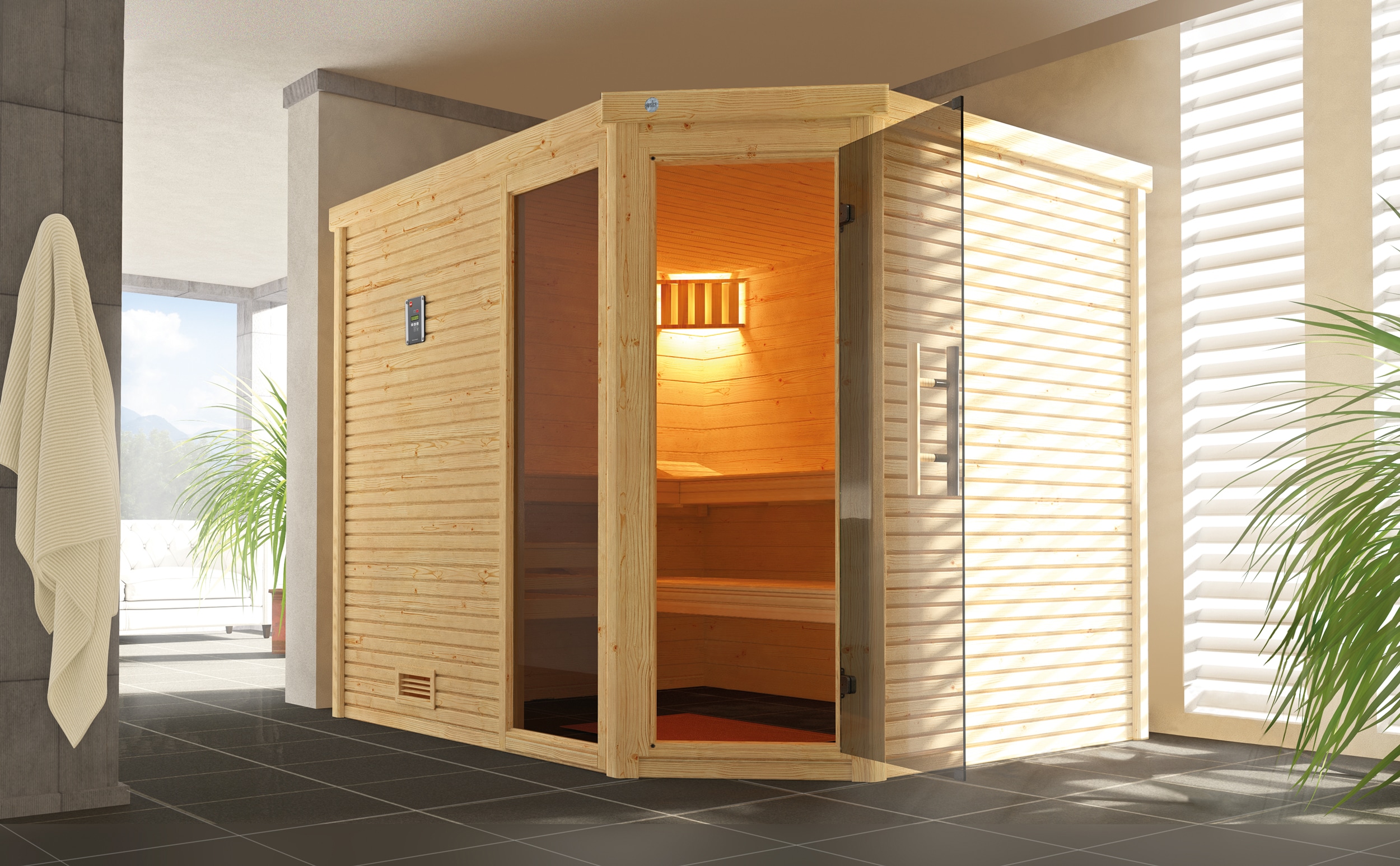 Sauna WEKA "Design-Sauna CUBILIS 3", beige (natur), Bio-Ofen, externe Steuerung, 9 kW, Saunen, Blockbohlen im wekaLine-Profil