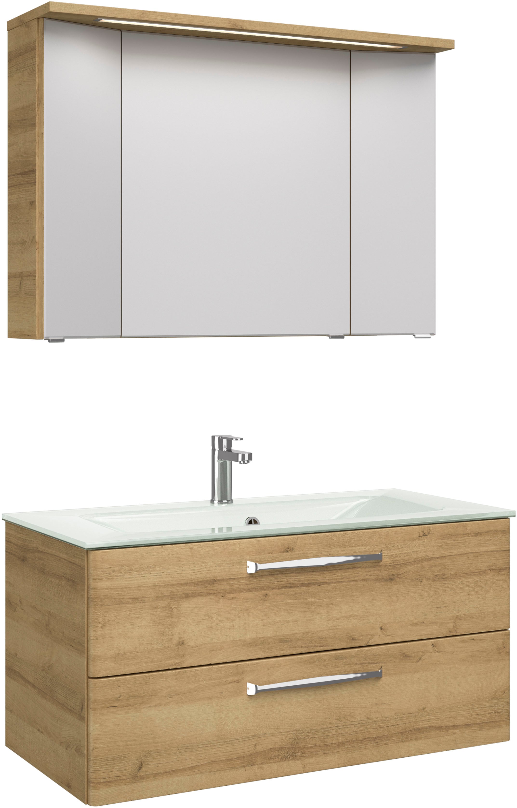 Badmöbel-Set SAPHIR "Trentino 2-teilig Glas-Waschtisch, Spiegelschrank mit LED-Leuchte", braun (riviera eiche quer nb), Kastenmöbel-Sets, Badmöbel-Set 107cm breit, inkl. Türdämpfer, 3 Türen, 2 Auszügen Image