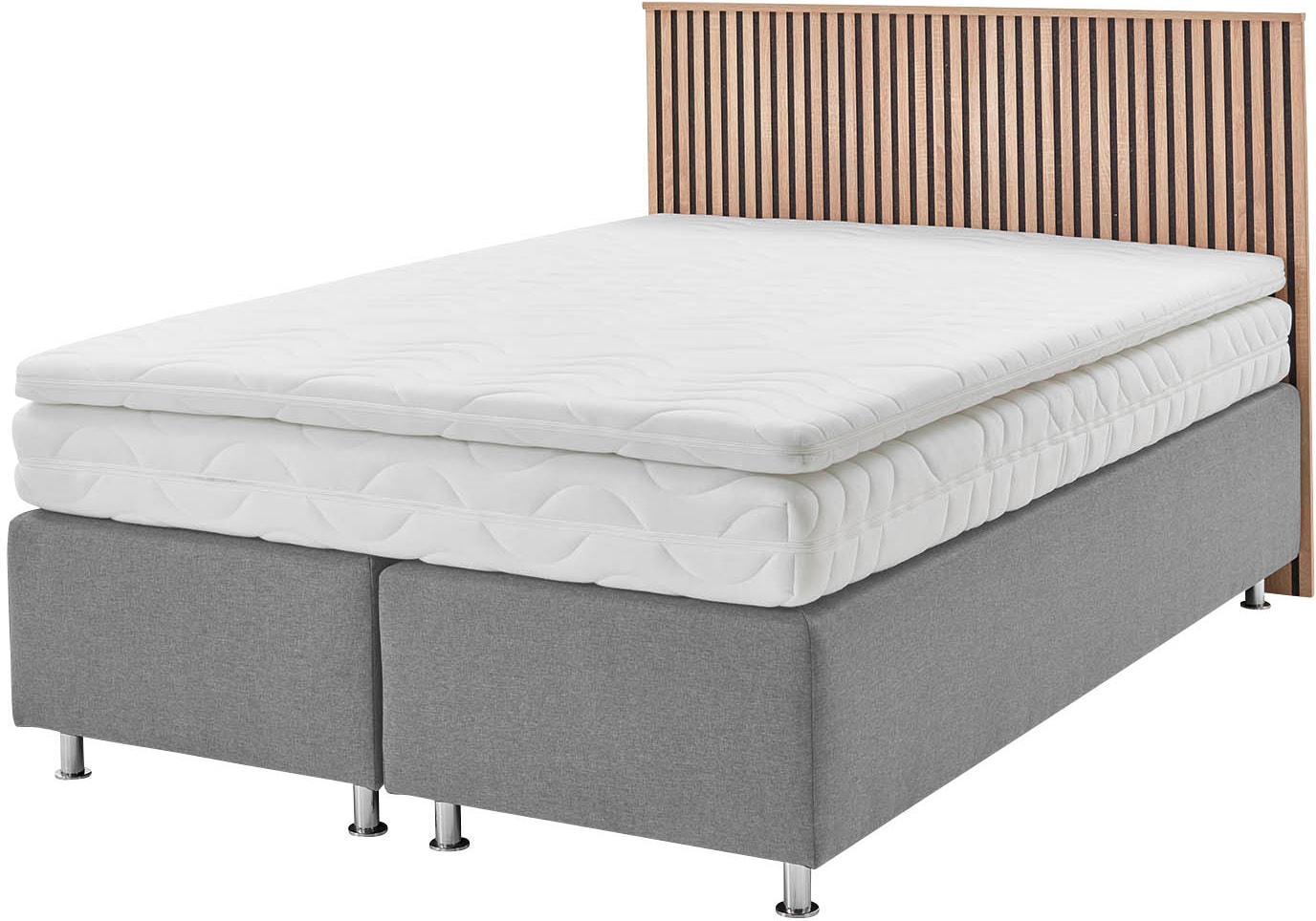 Boxspringbett "Quercus", grau, L:206cm, Kopfteil MDF/Dekor Eiche hell, Boxenbezug: Feinstruktur 100% Polyester, Box: Holzwerkstoff mit Bonnellfederung, Füße: verchromtes Metall, Topper: Kaltschaum, WESTFALIA SCHLAFKOMFORT, Komplettbetten,... Image