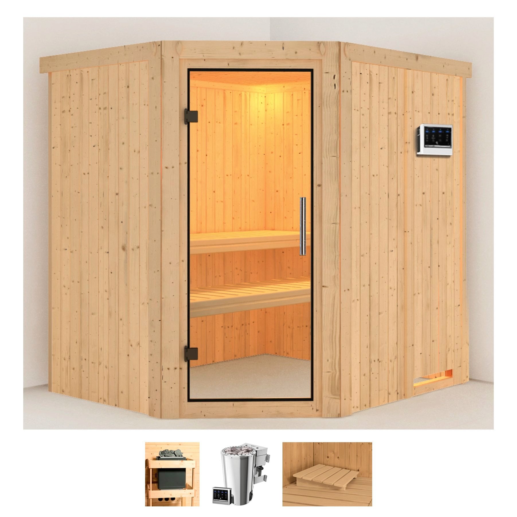Sauna KARIBU "Laila", beige (naturbelassen), Bio-Kombiofen, externe Steuerung, 3,6 kW, Saunen, 3,6-kW-Bio-Plug & Play Ofen mit externer Steuerung Image
