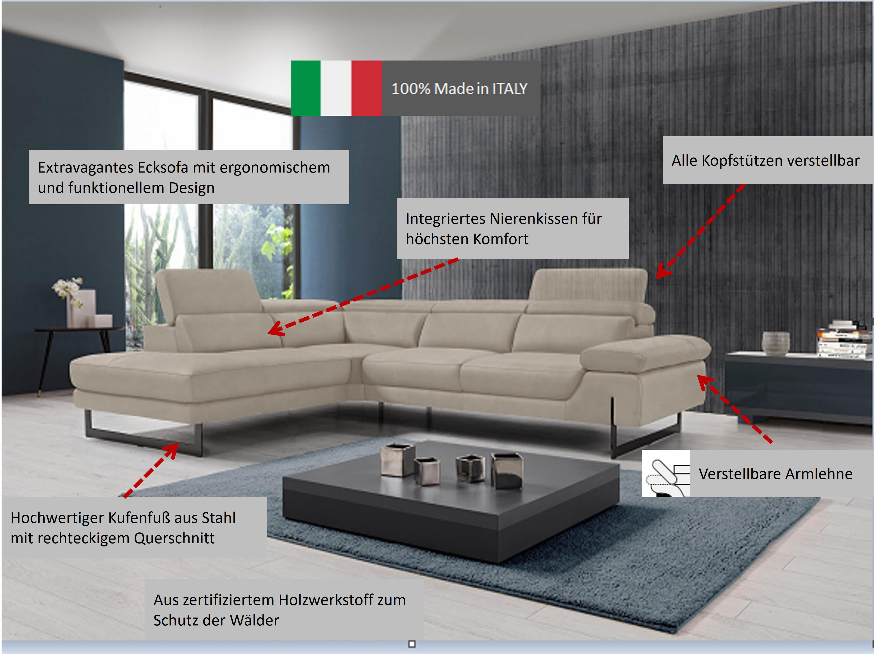 Ecksofa EGOITALIANO "Queenie, extravagantes Sofa mit erstklassigem Sitzkomfort", braun (mokka), B:284cm H:95cm T:108cm, Luxus-Microfaser (100% Polyester) Leder »BULL« (echtes Rindsleder). Geschliffenes, pigmentiertes und behandeltes Rindsleder mit...