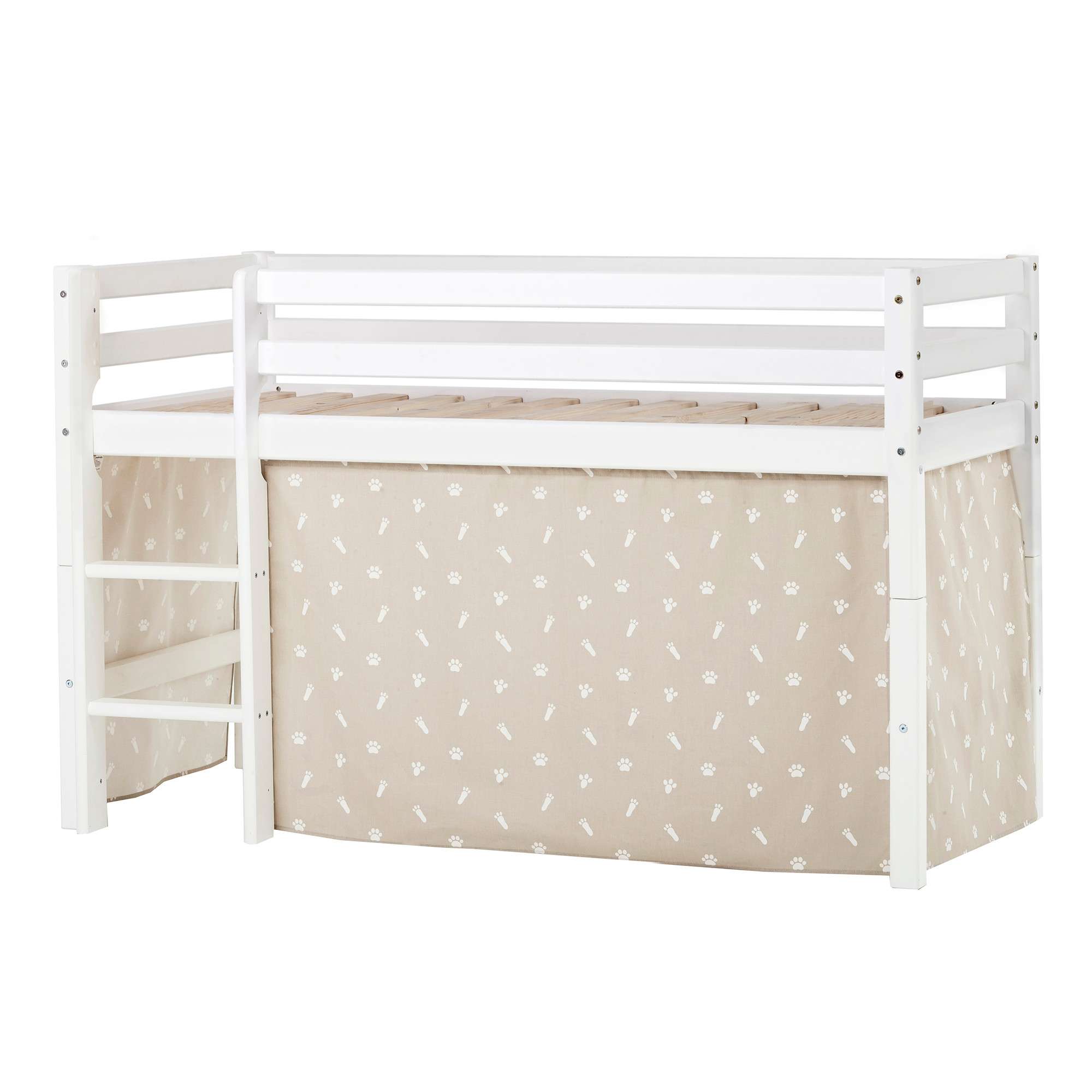 Hochbett HOPPEKIDS "ECO Dream, Kinderbett, Spielbett, Halbhohes Bett aus Massivholz", beige (weiß, pets silbergrau), B:81 H:105 L:168, Kinderbett: 100% Massivholz: Nordische Kiefer, Vorhang: 100% Baumwolle, Matratzenbezug 100% Baumwolle, Matratze:... Image