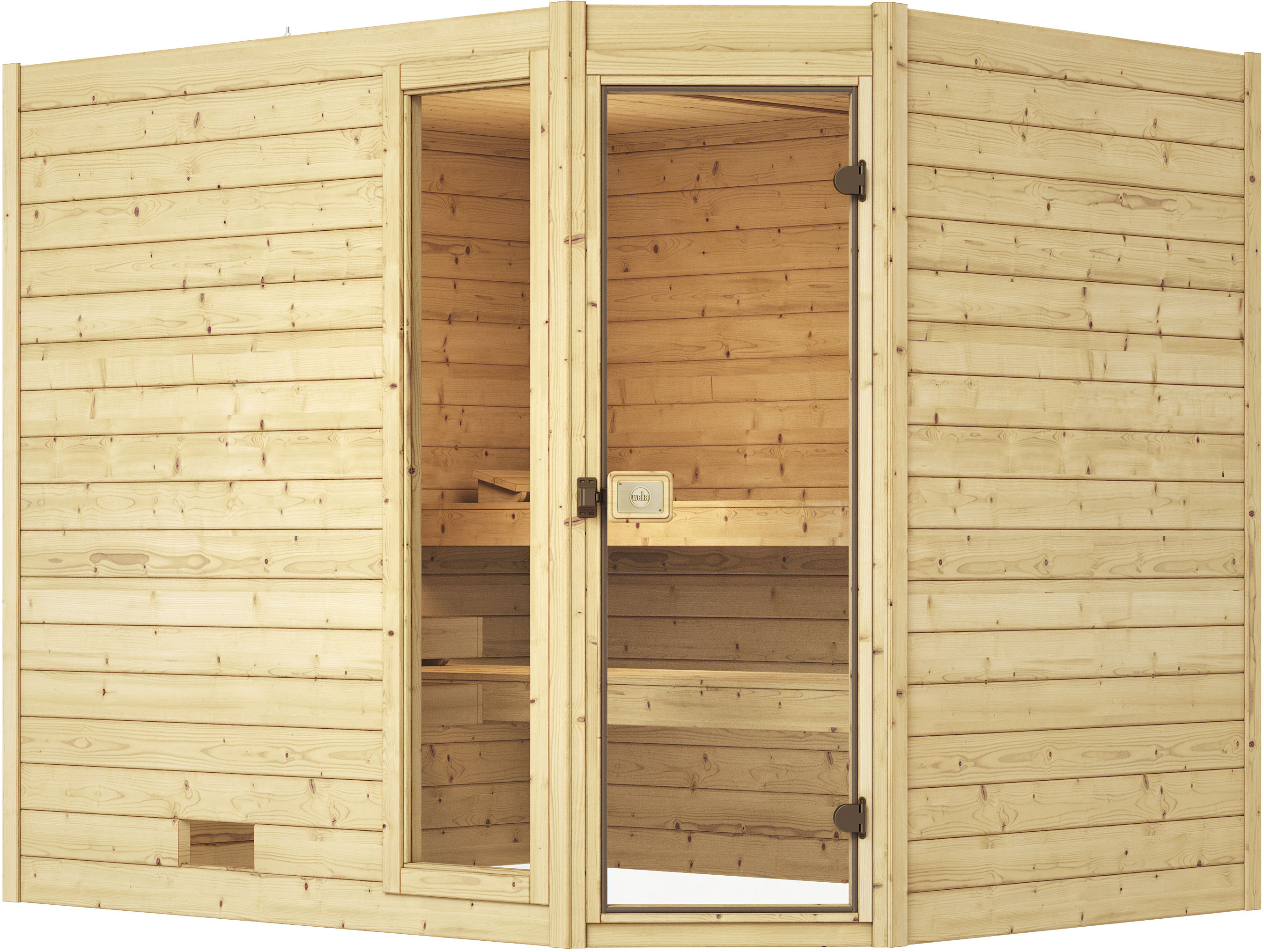 Sauna WEKA "Massivholzsauna VALIDA Eck 3", beige (natur), Bio-Ofen, externe Steuerung, 7,5 kW, Saunen, Blockbohlen, Fensterlement, moderne Ganzglastür