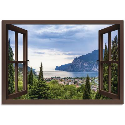 Wandbild ARTLAND "Gardasee durchs braune Fenster", grün (farbe bild(er): grün), B:130cm H:90cm, Bilder, als Alubild, Outdoorbild, Leinwandbild, Poster in verschied. Größen Image