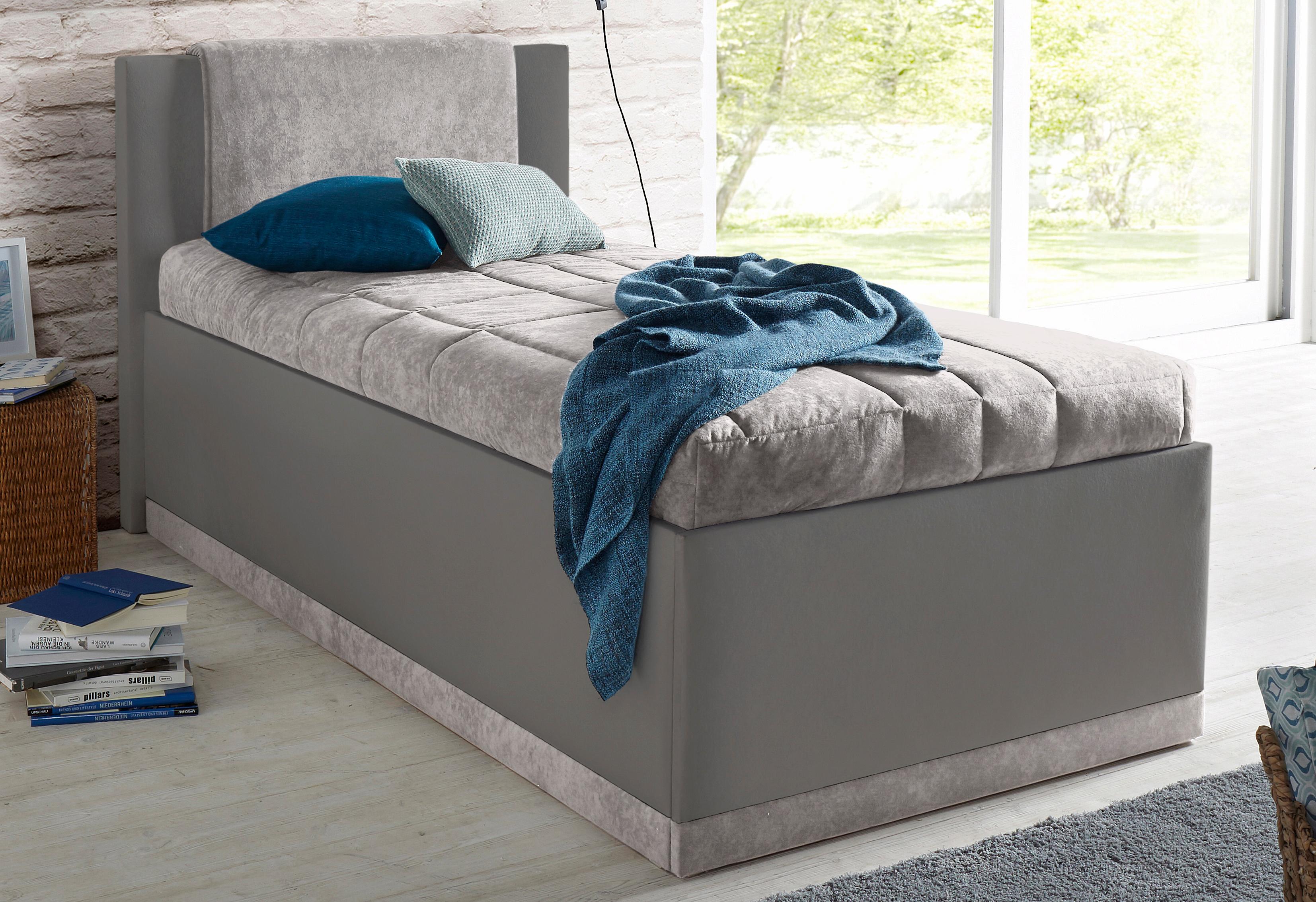 Polsterbett, grau (dunkelgrau, hellgrau), B:157cm L:212cm, Bezug Bett: Microfaser (100% Polyester);Bonnell-Federkernmatratze: Frottee (100% Polyester);Tonnentaschen-Federkernmatratze: 80% Baumwolle und 20% Polyester, Bezug abnehm- und waschbar bis...