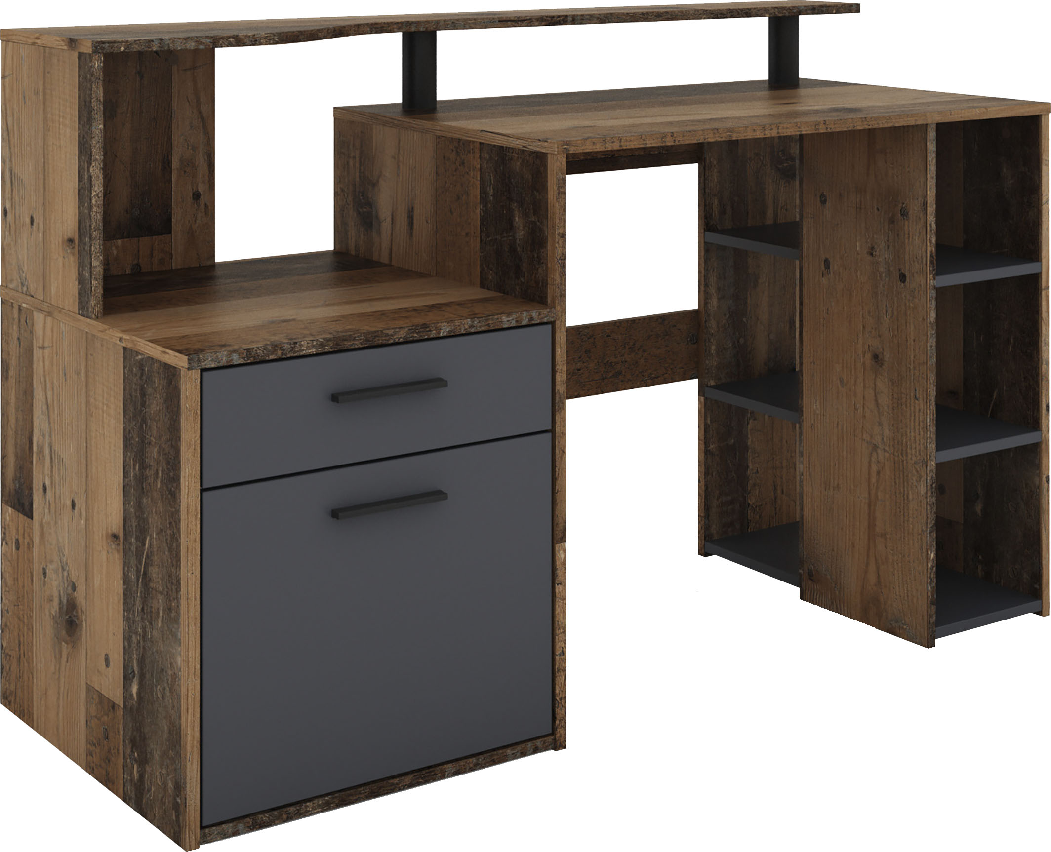 Schreibtisch BYLIVING "Louise", braun (old style, old style, old style), B:140cm H:89cm T:55cm, Tische, Schreibtisch, Breite 140 cm, Regal-Schreibtisch mit viel Stauraum